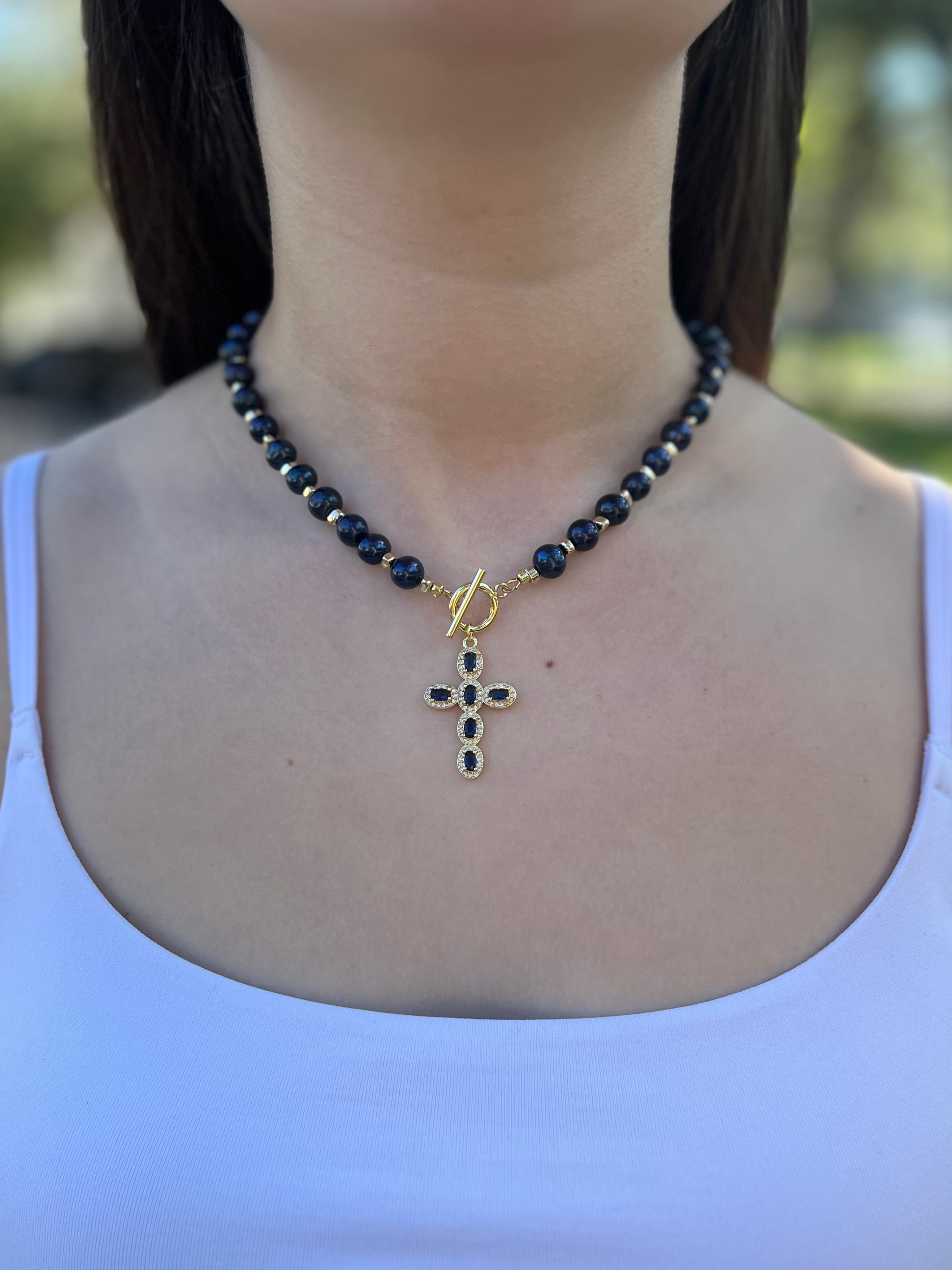 Blue Pearl Choker Necklace with Cross pendant: 18K Gold Plated