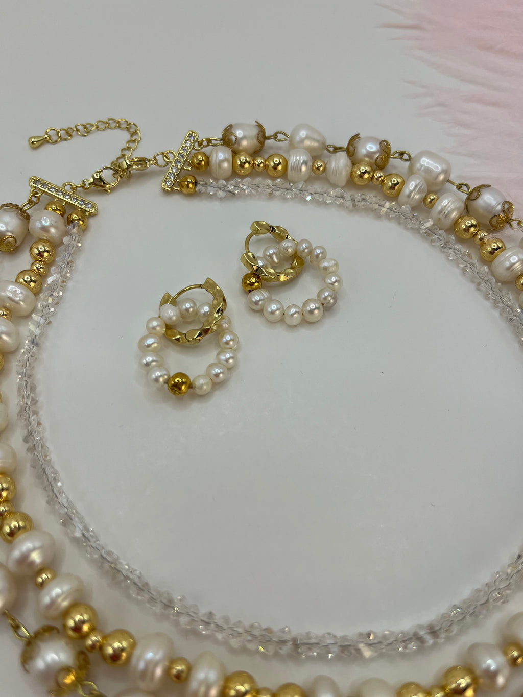 Three-Strand Natural Pearl & Crystal Necklace with Hoop Earrings Set – 18K Gold Plated, Gift Box