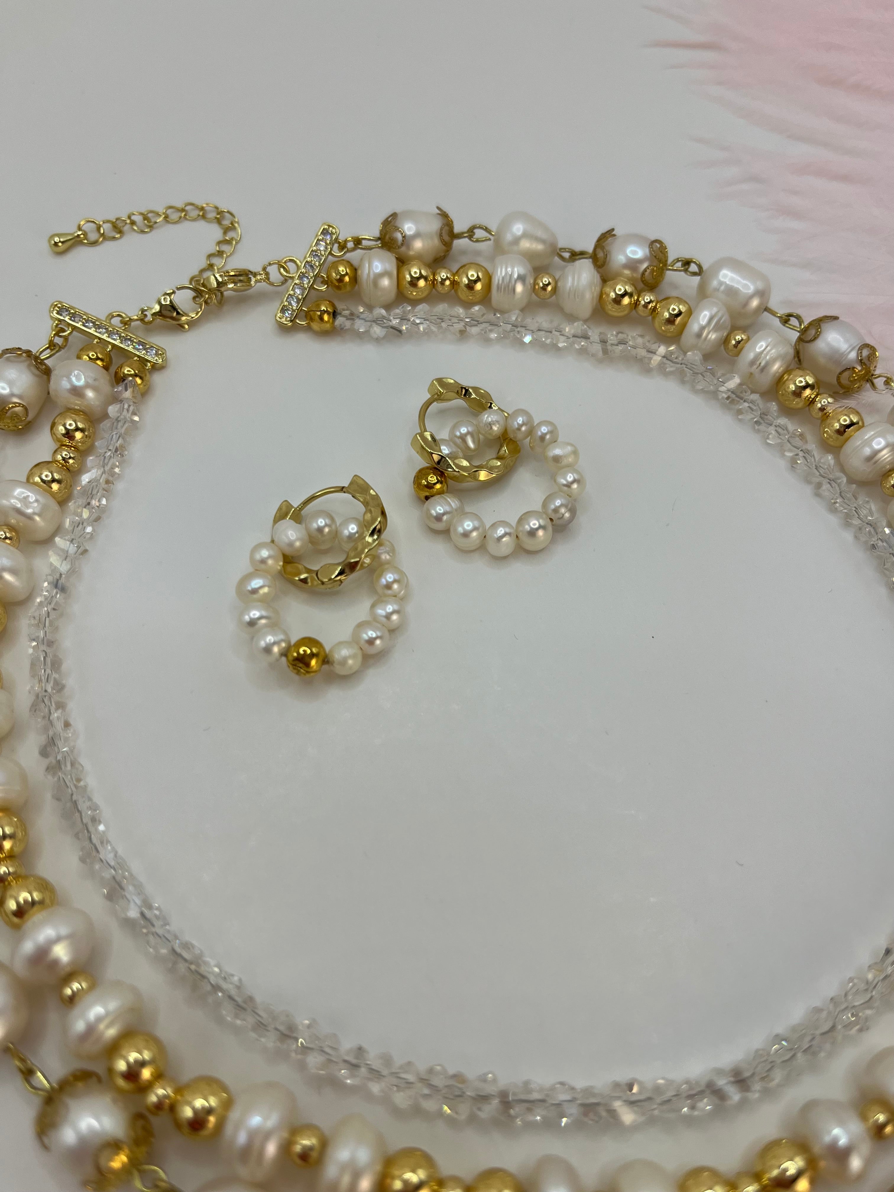 Three-Strand Natural Pearl & Crystal Necklace with Hoop Earrings Set – 18K Gold Plated, Gift Box