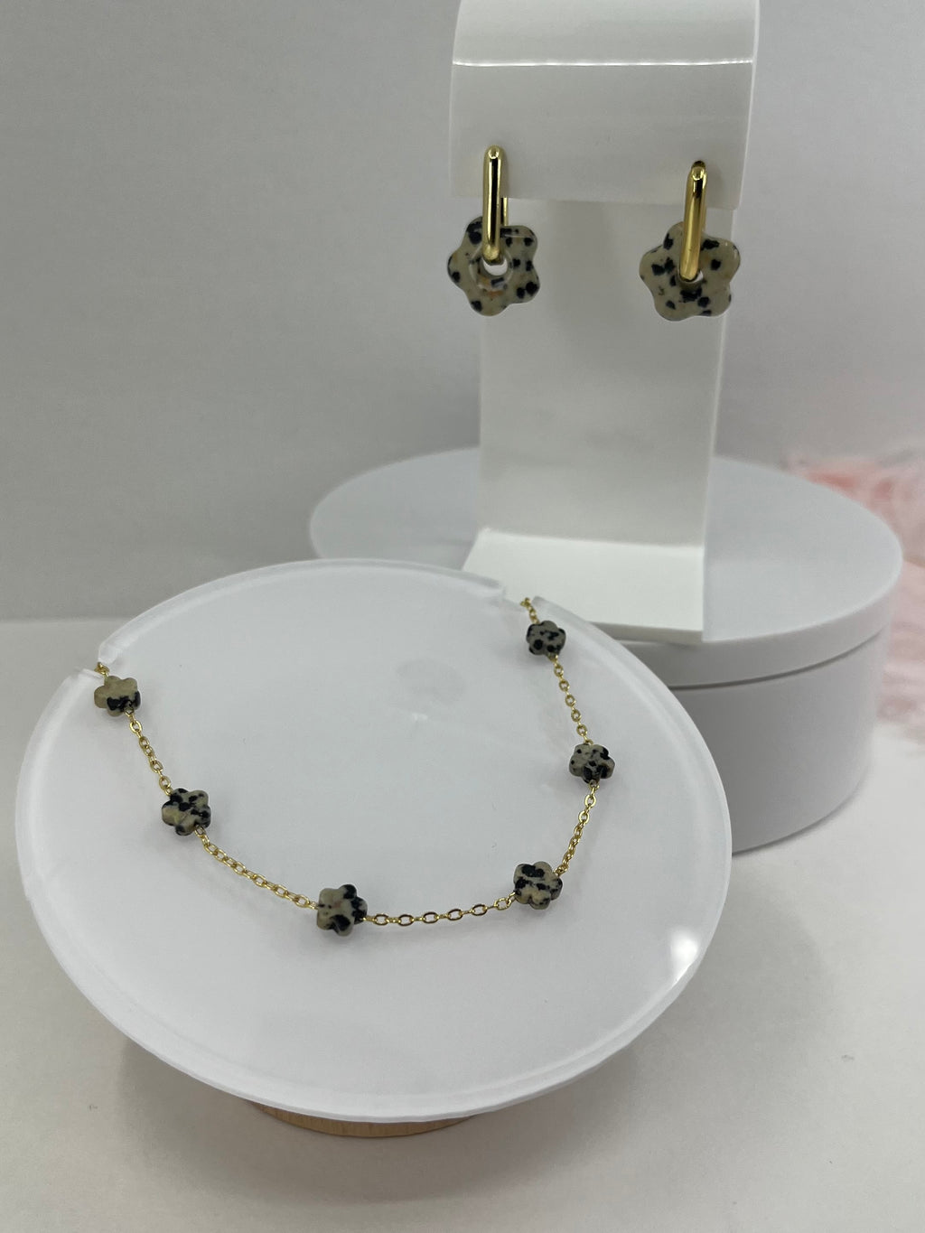 Dalmatian jasper flower Earrings and Necklace, 18K Gold Plated