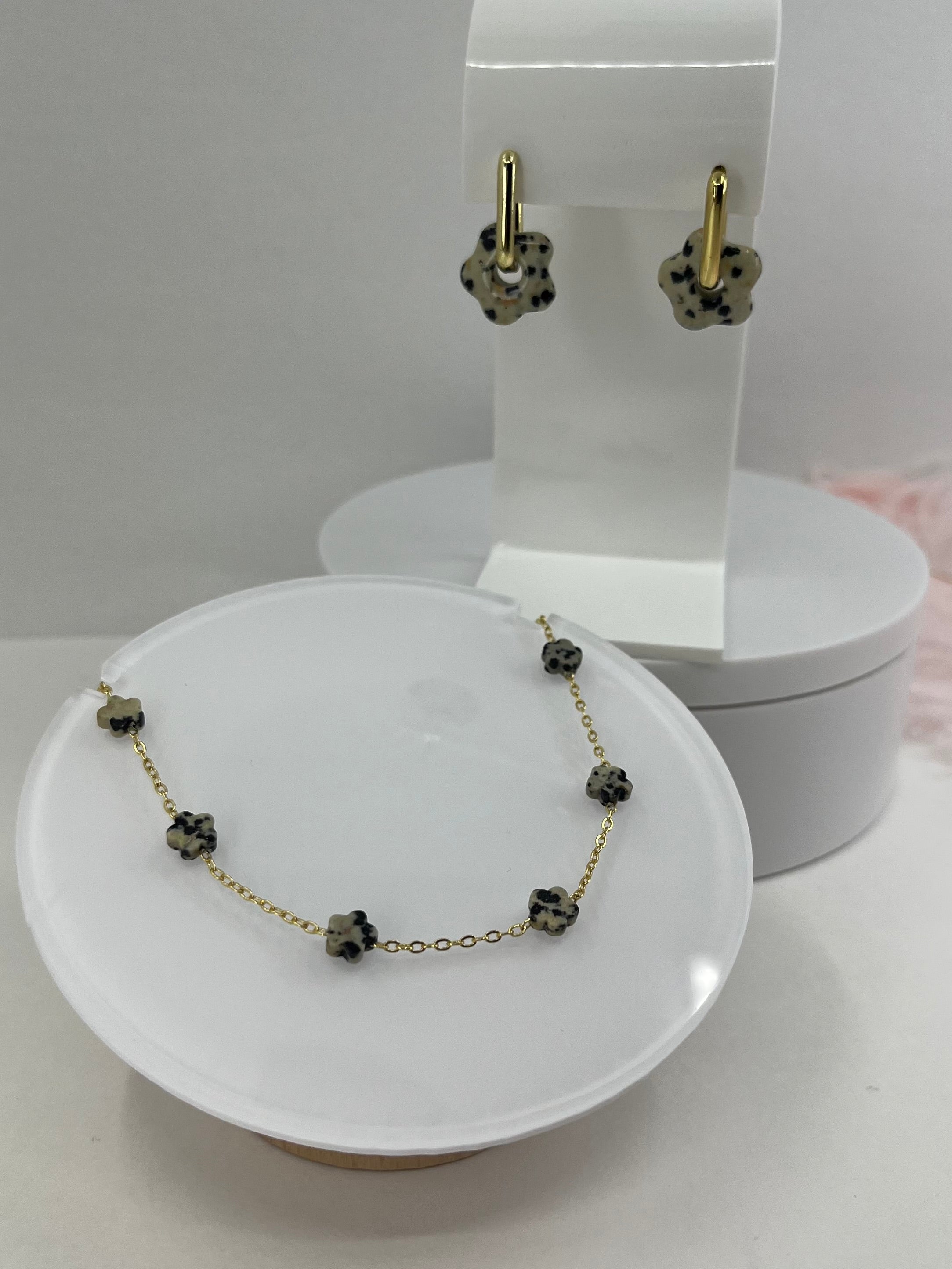 Dalmatian jasper flower Earrings and Necklace, 18K Gold Plated