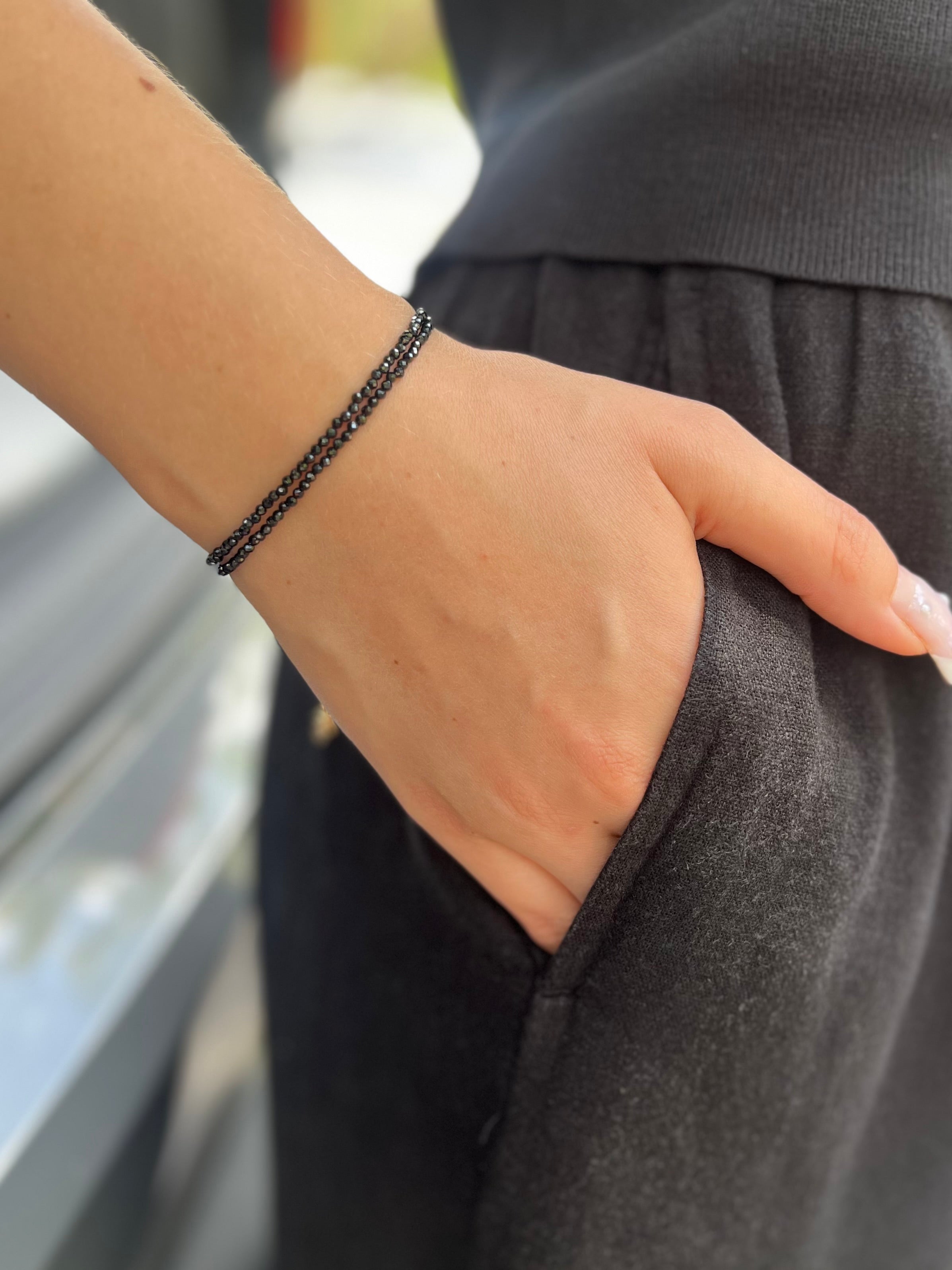 Black spinel layered bracelet with 18K Gold Plated slider