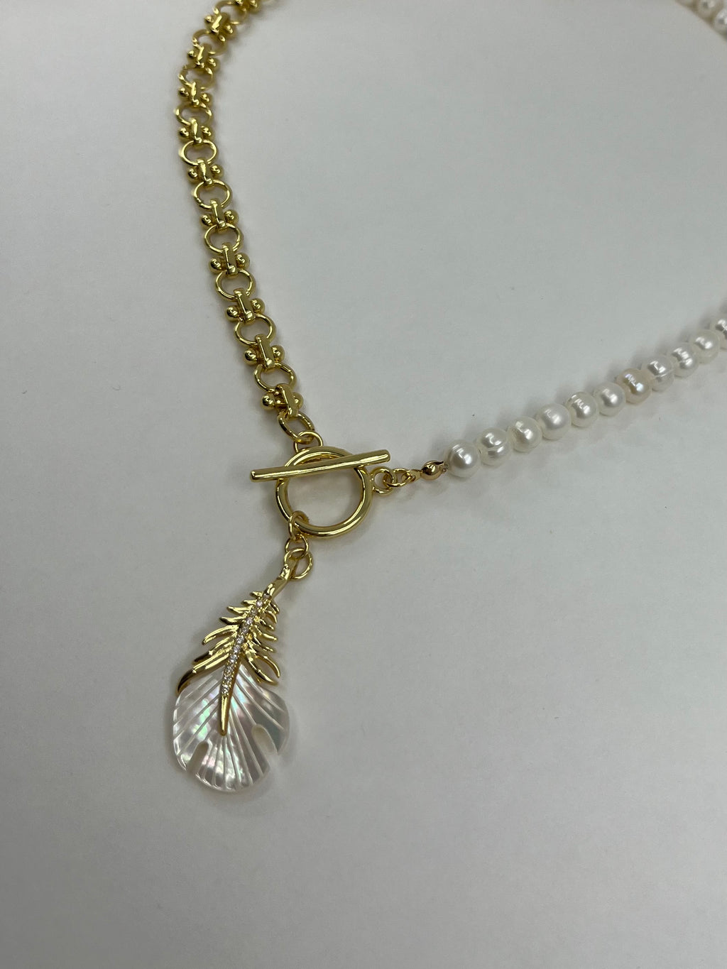 Asymmetrical Pearl Necklace with Feather Pendant, 18K Gold Plated Chain