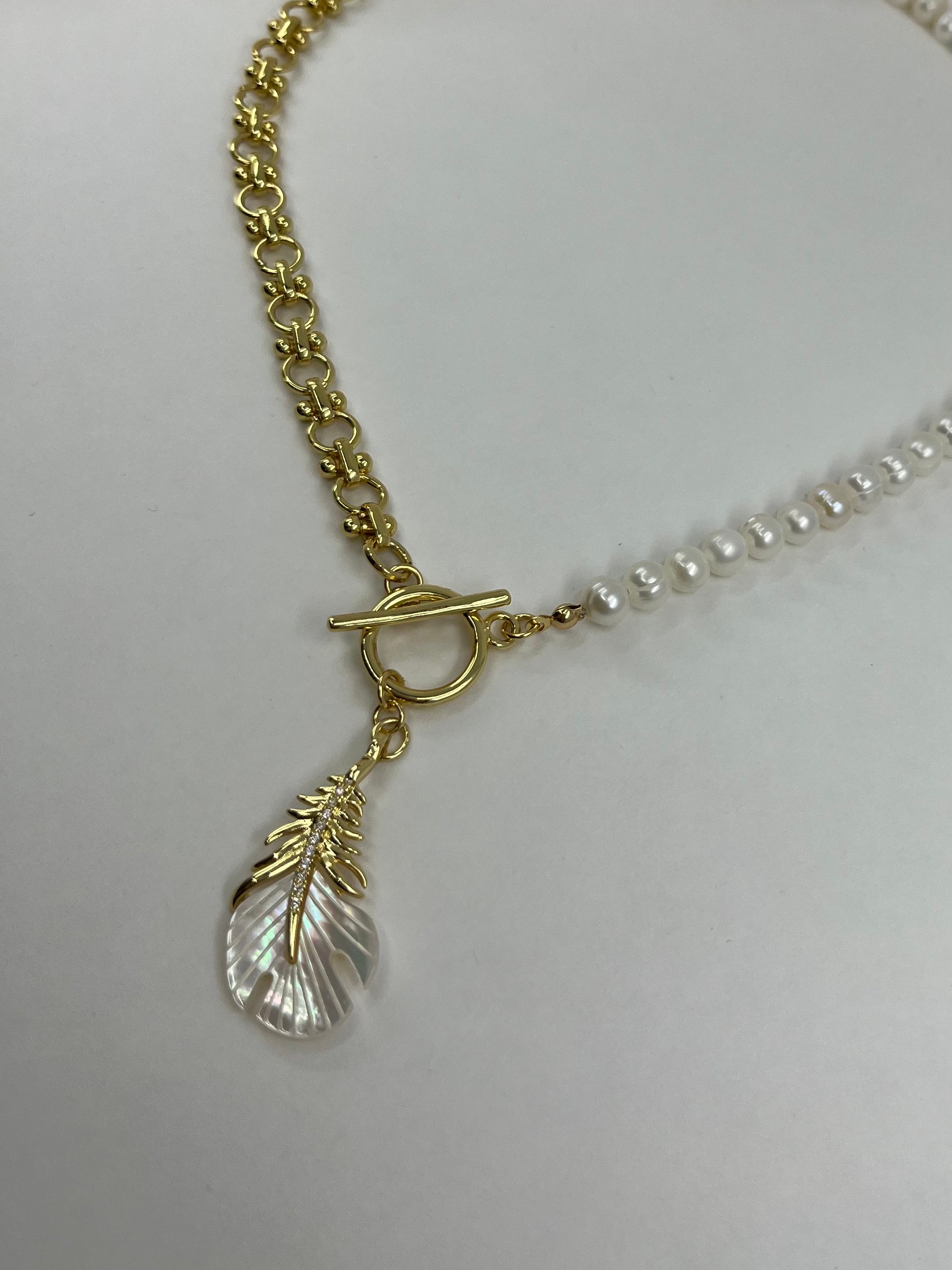 Asymmetrical Pearl Necklace with Feather Pendant, 18K Gold Plated Chain