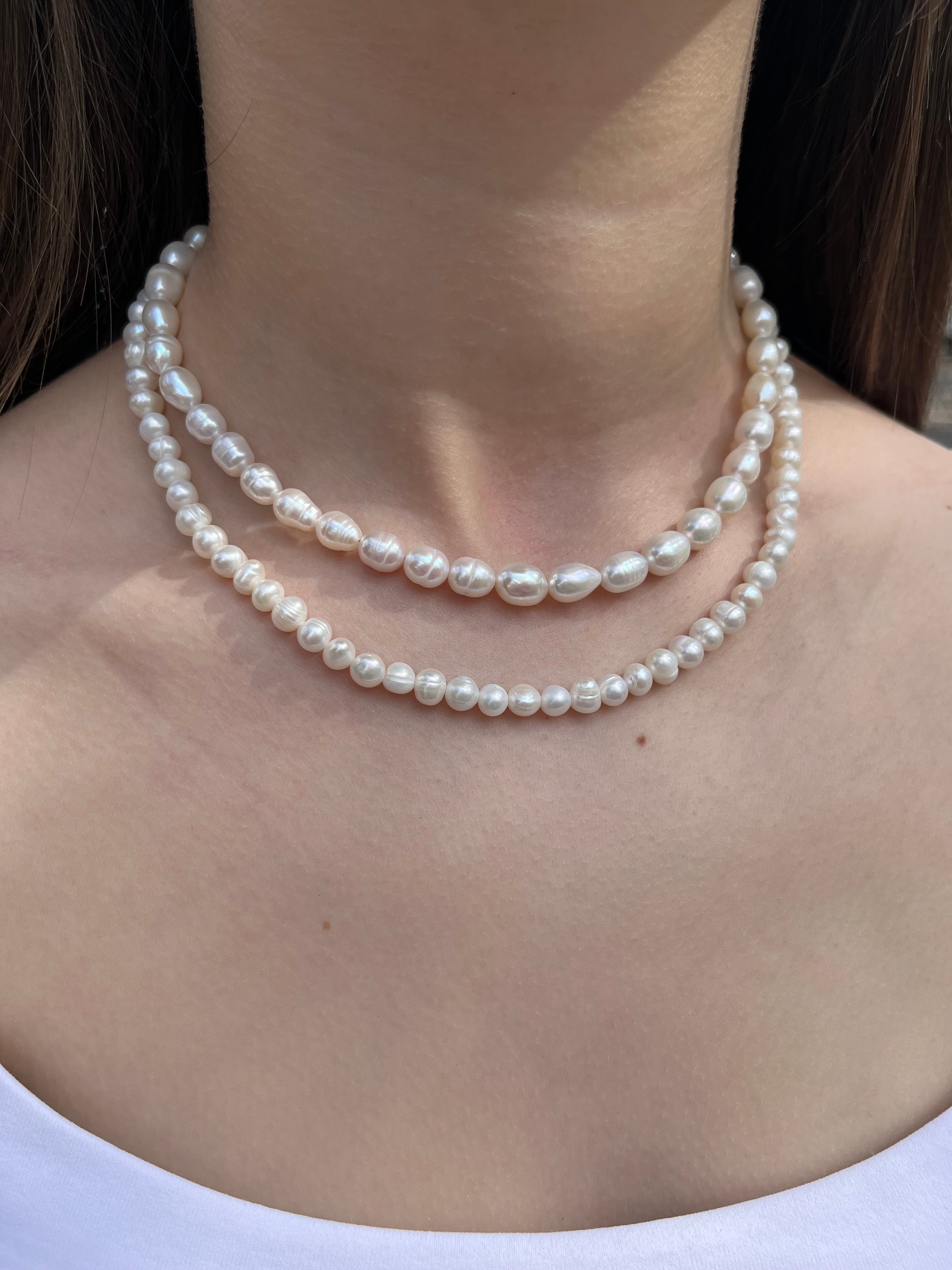 Layered Natural Pearl Necklace with 925 Sterling Silver Bowknot Clasp, Gift Box