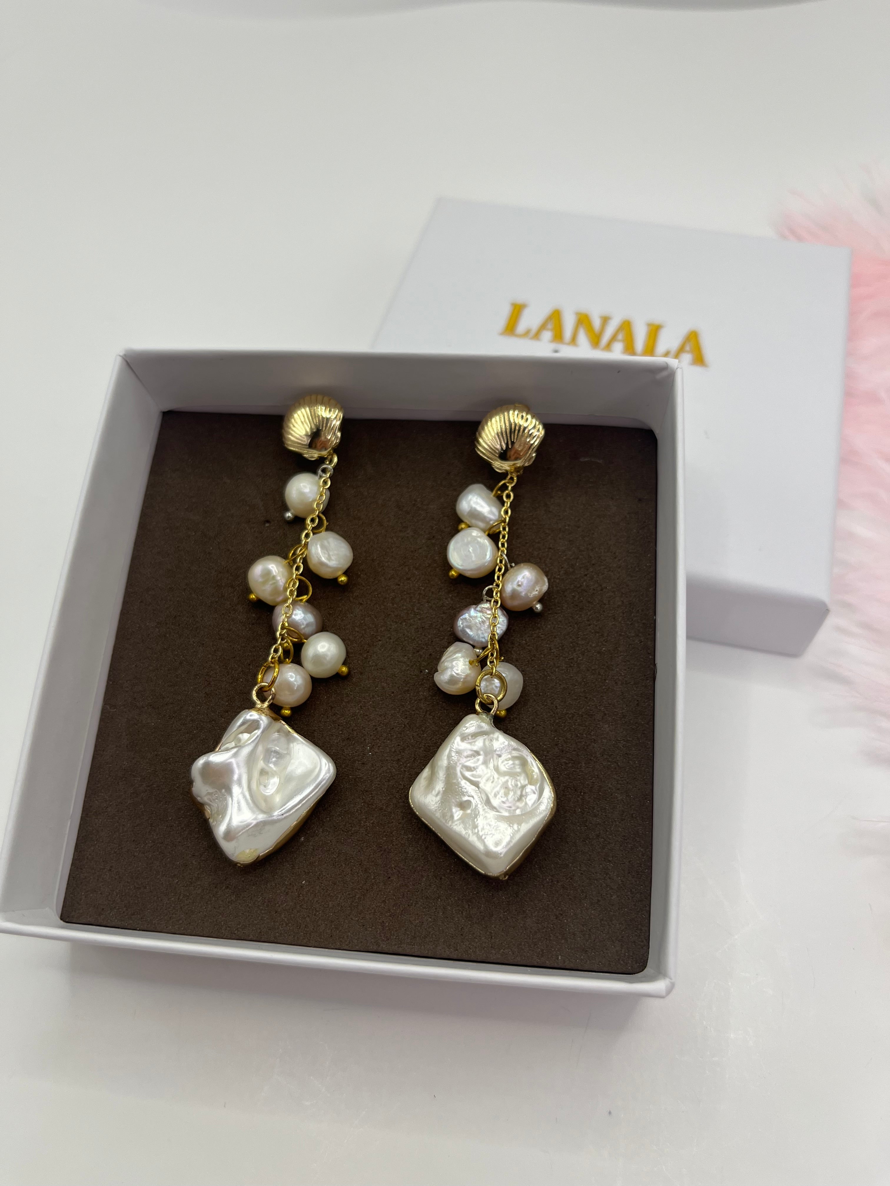 Long Natural Pearl Drop Earrings with baroque shell pendant
