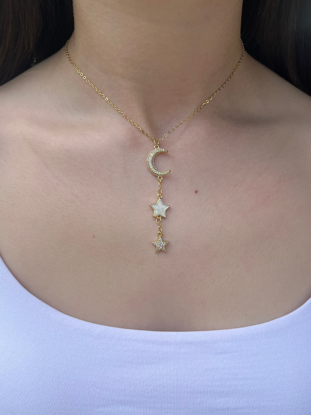 Zirconia Star and Moon Choker Necklace, Real 18K Gold Plated