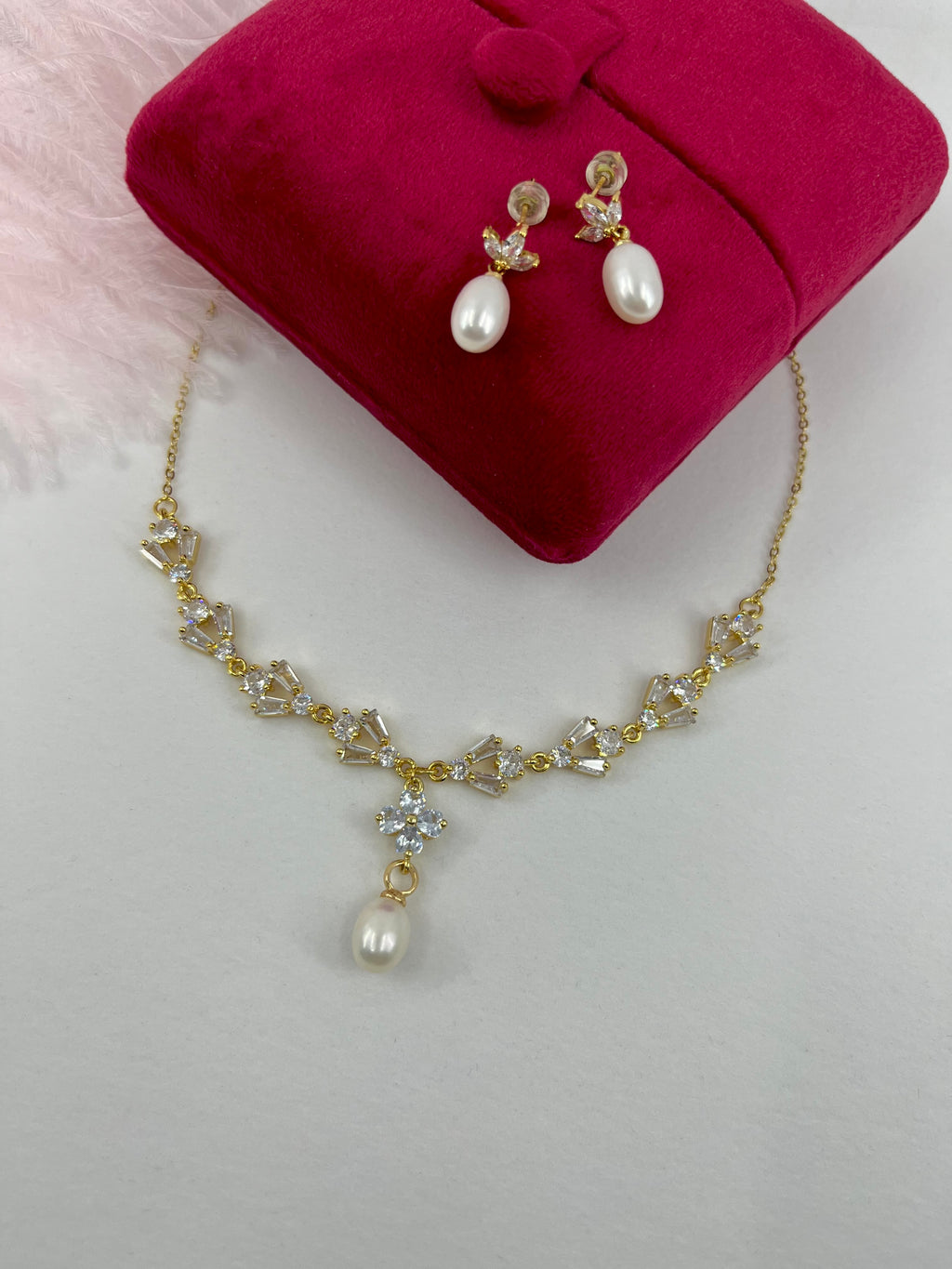 Natural Pearl & Zirconia Necklace with Earrings – 18K Gold Plated, Gift Box