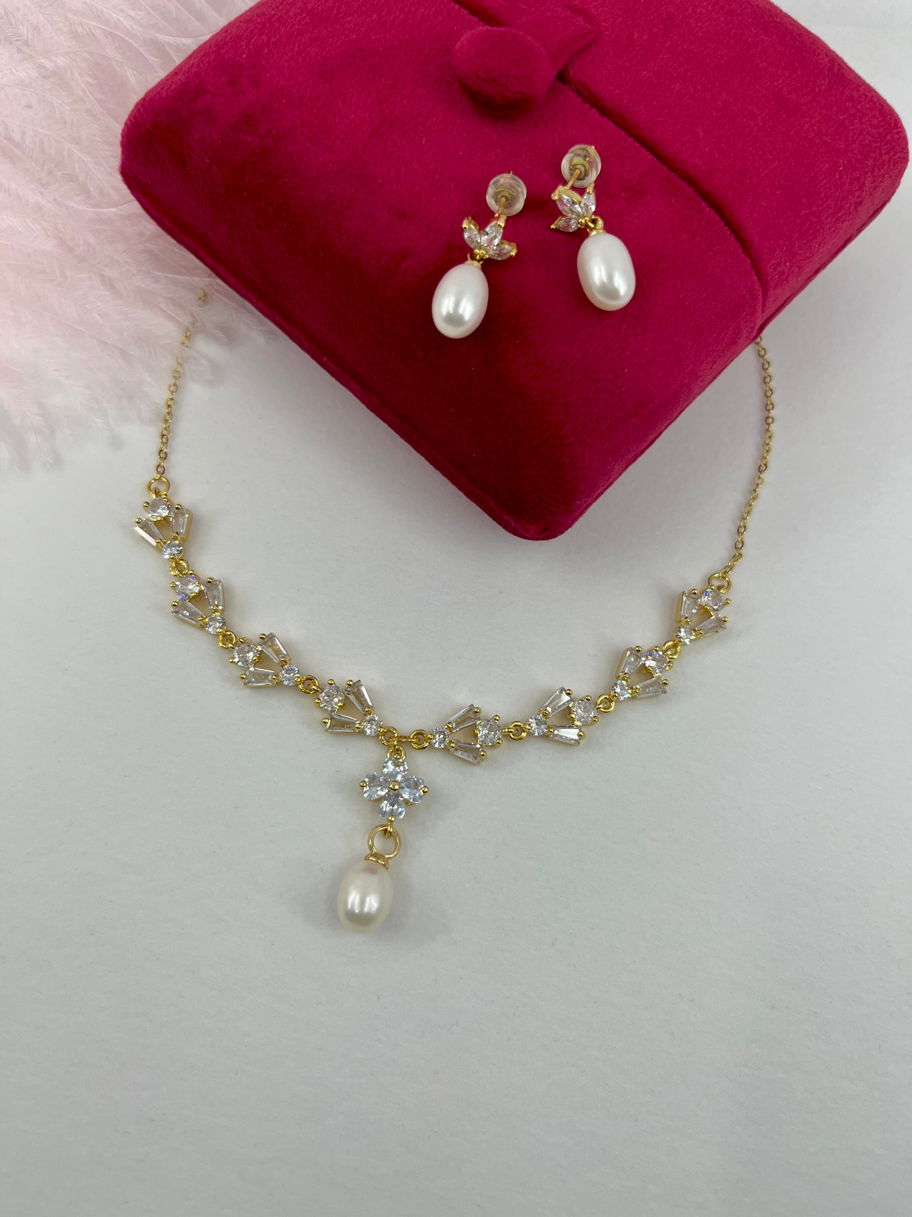 Natural Pearl & Zirconia Necklace with Earrings – 18K Gold Plated, Gift Box