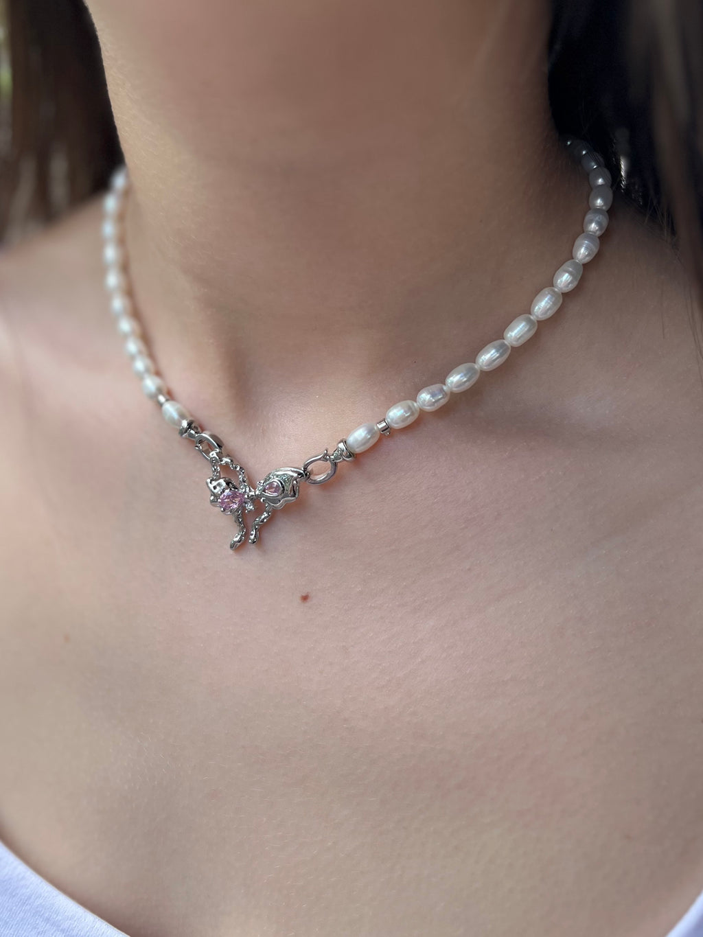 Natural Pearl Necklace with butterfly Clasp