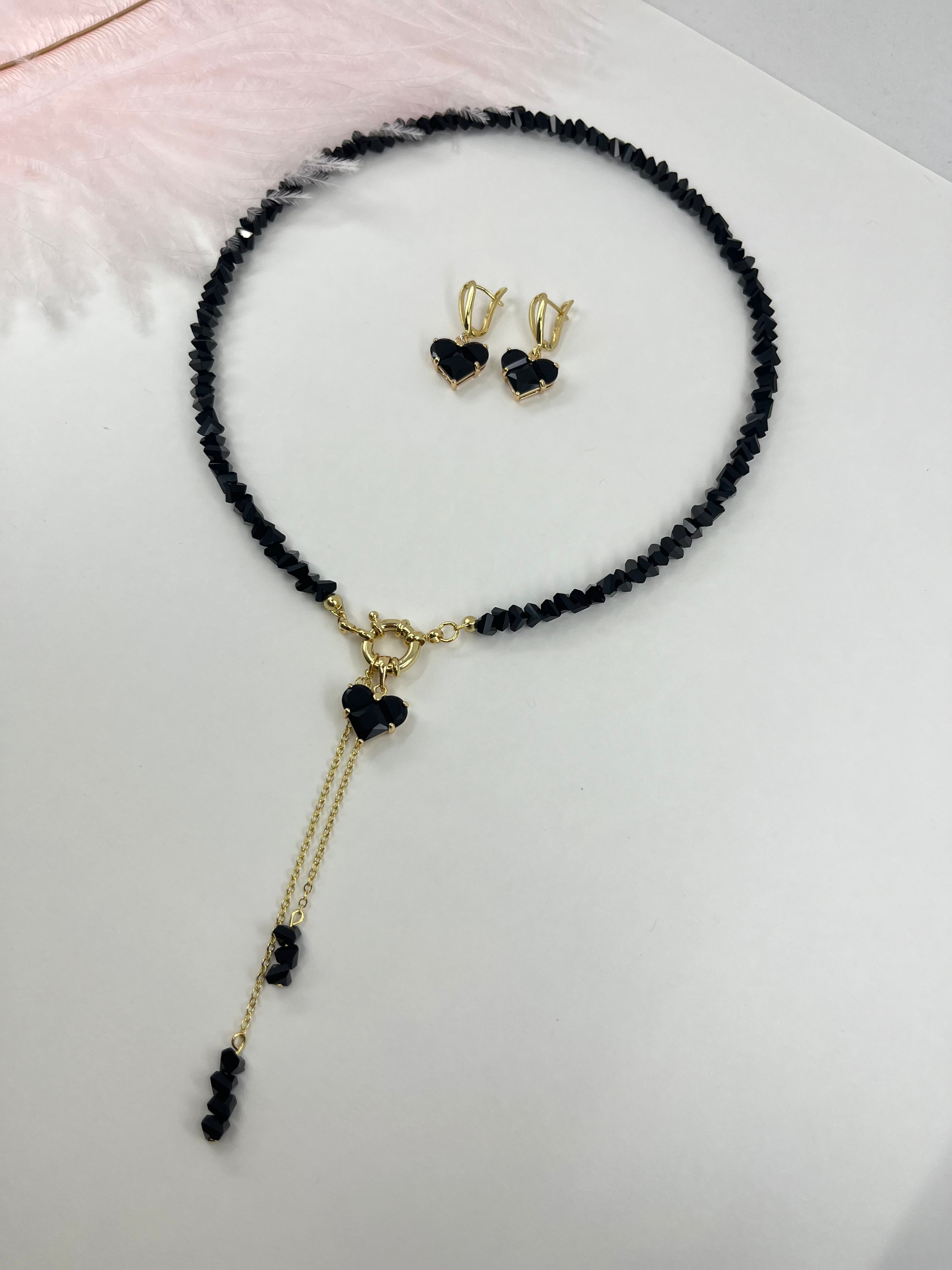 Set: Heart Black Crystal Y-Necklace and Earrings – 18K Gold Plated, Cubic Zirconia