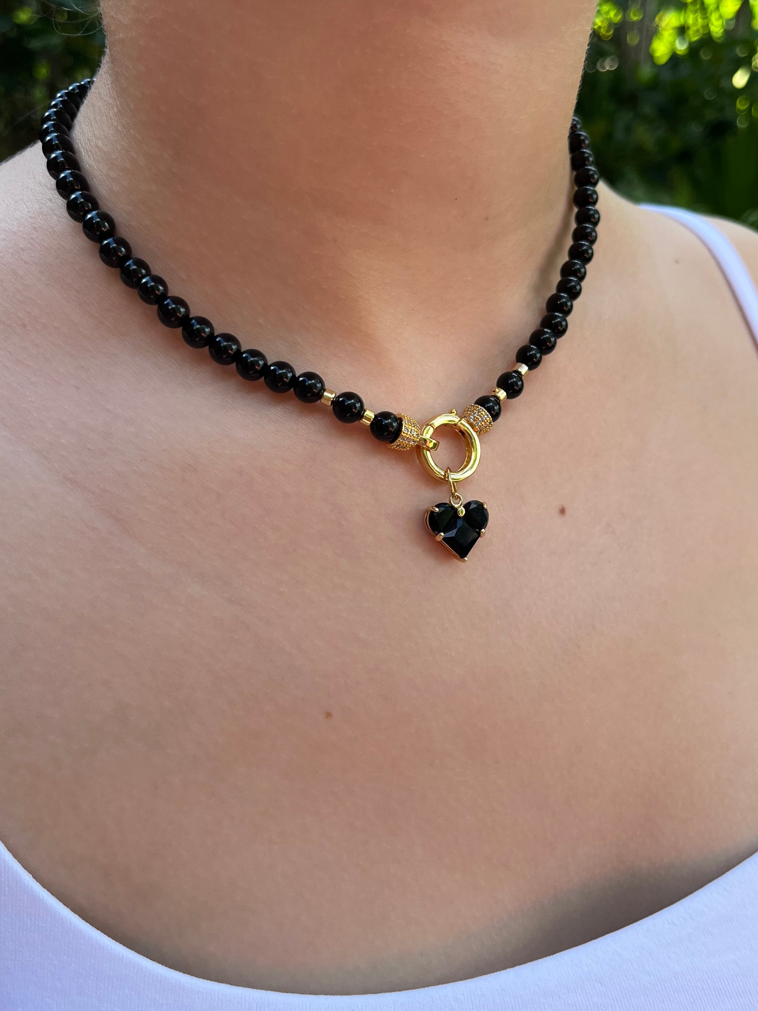Black Onyx Necklace and Earrings Set – 18K Gold Plated Heart Charm
