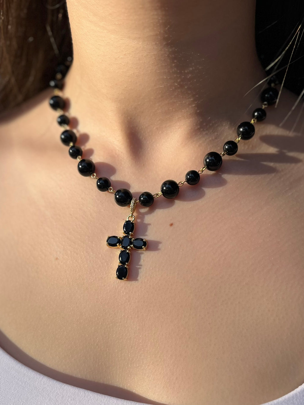 Black Onyx Necklace– 18K Gold Plated Zirconia Cross