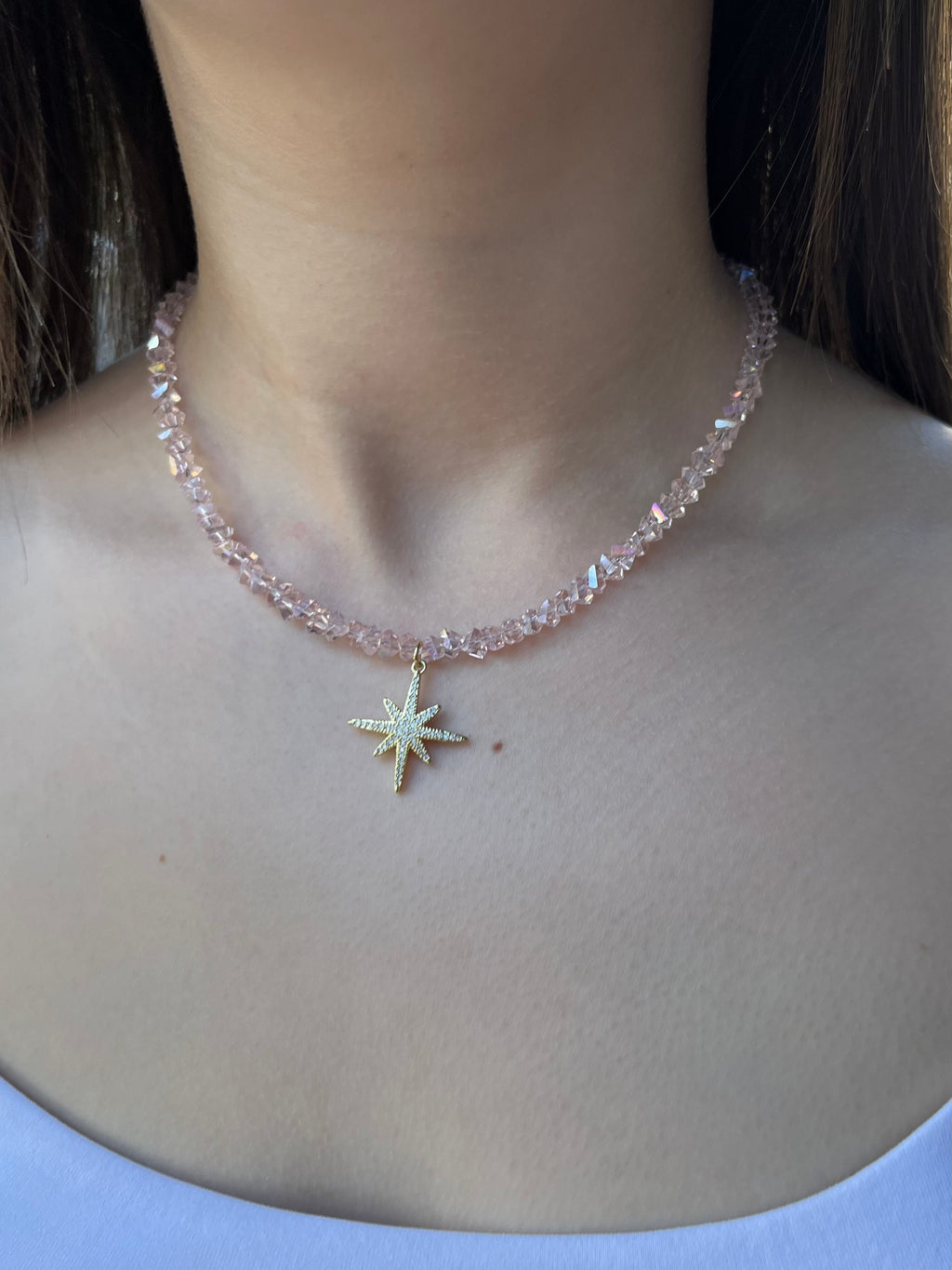 Crystal Glass Bead Choker: 18K Gold Star Pendant
