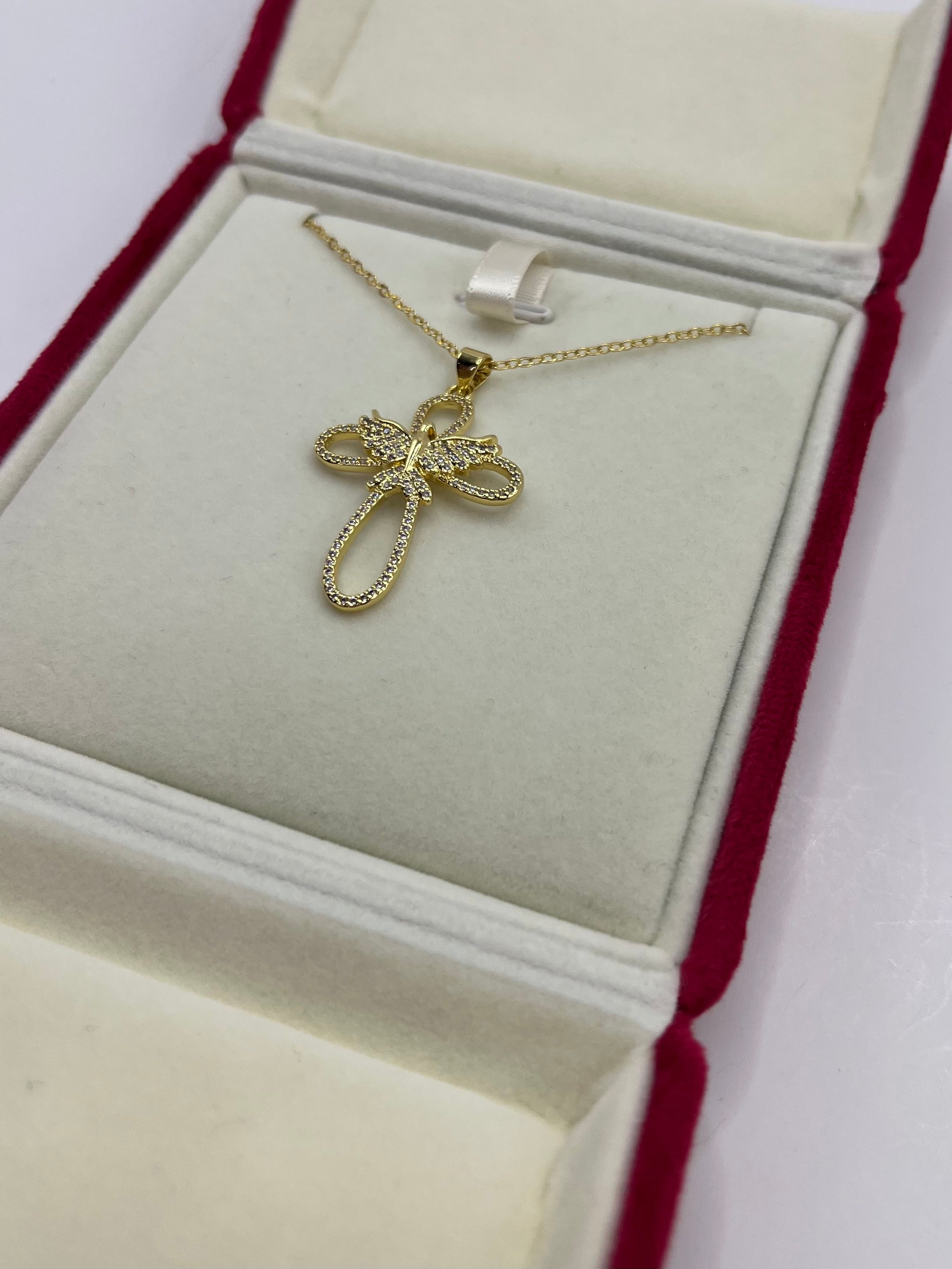Cross with bird Necklace, Real 18K Gold Plated