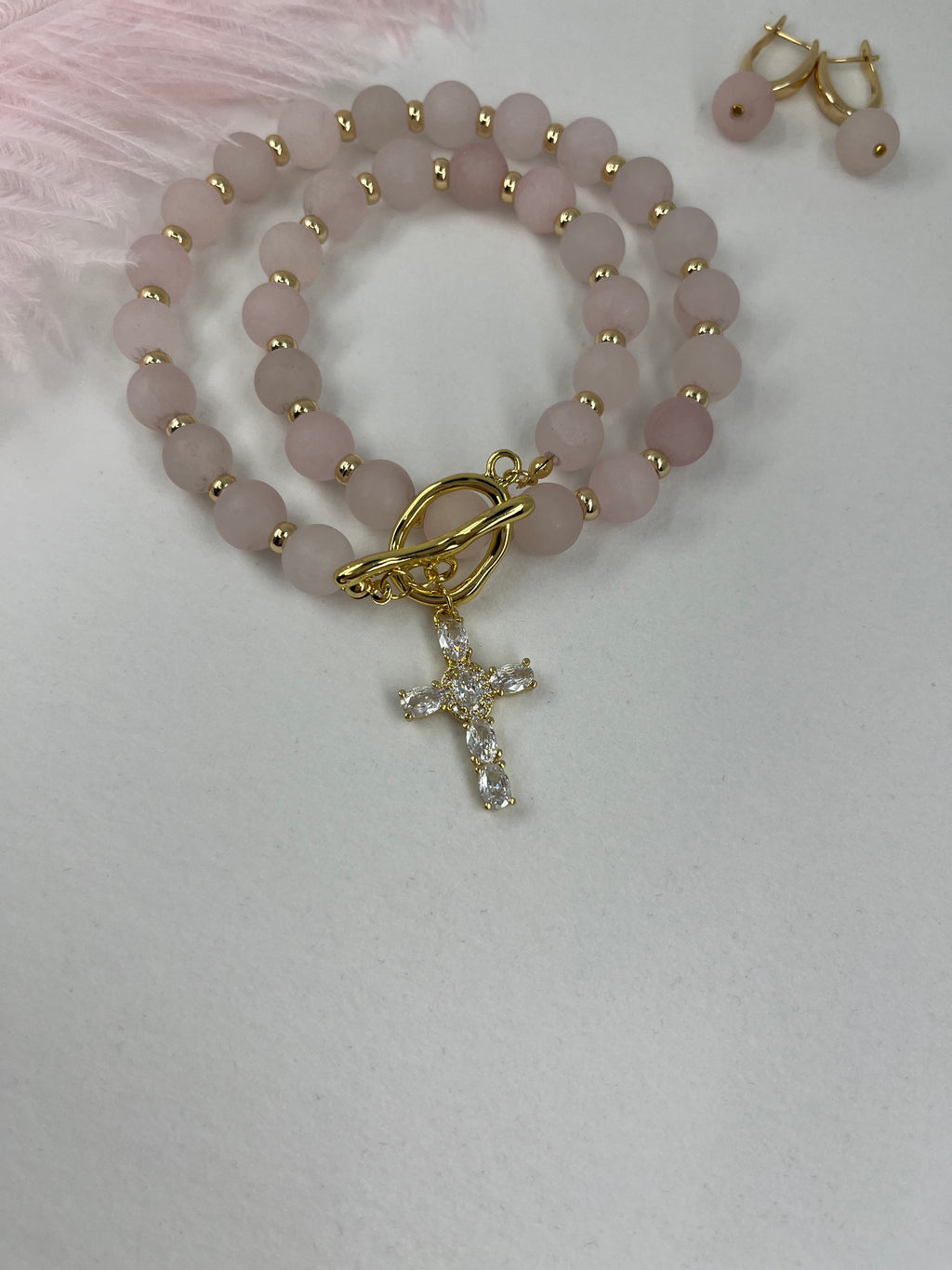Set: Rose Quartz Cross Necklace and Earrings, 18k gold plated