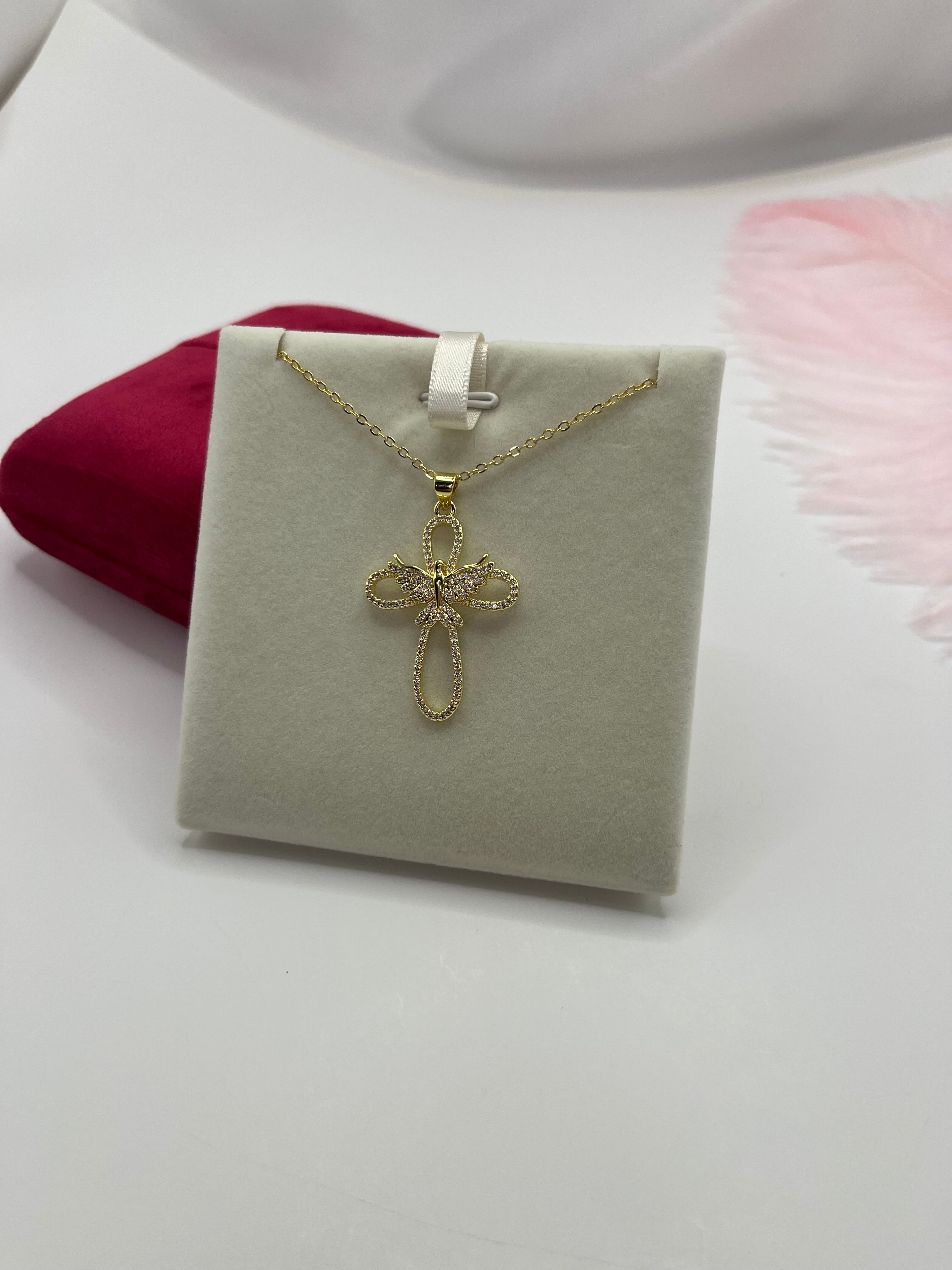 Cross with bird Necklace, Real 18K Gold Plated