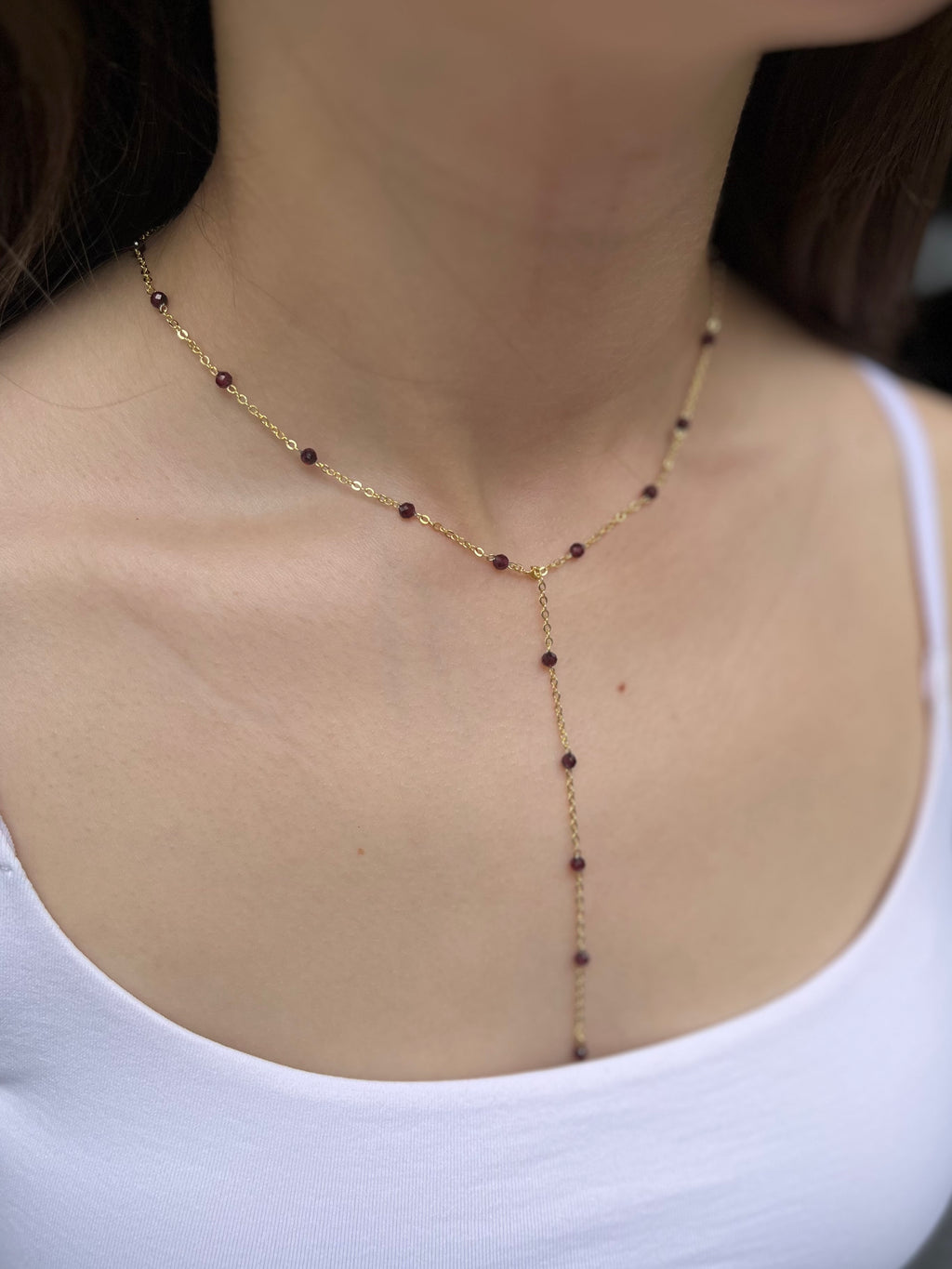 Lariat Garnet necklace , 18K gold plated