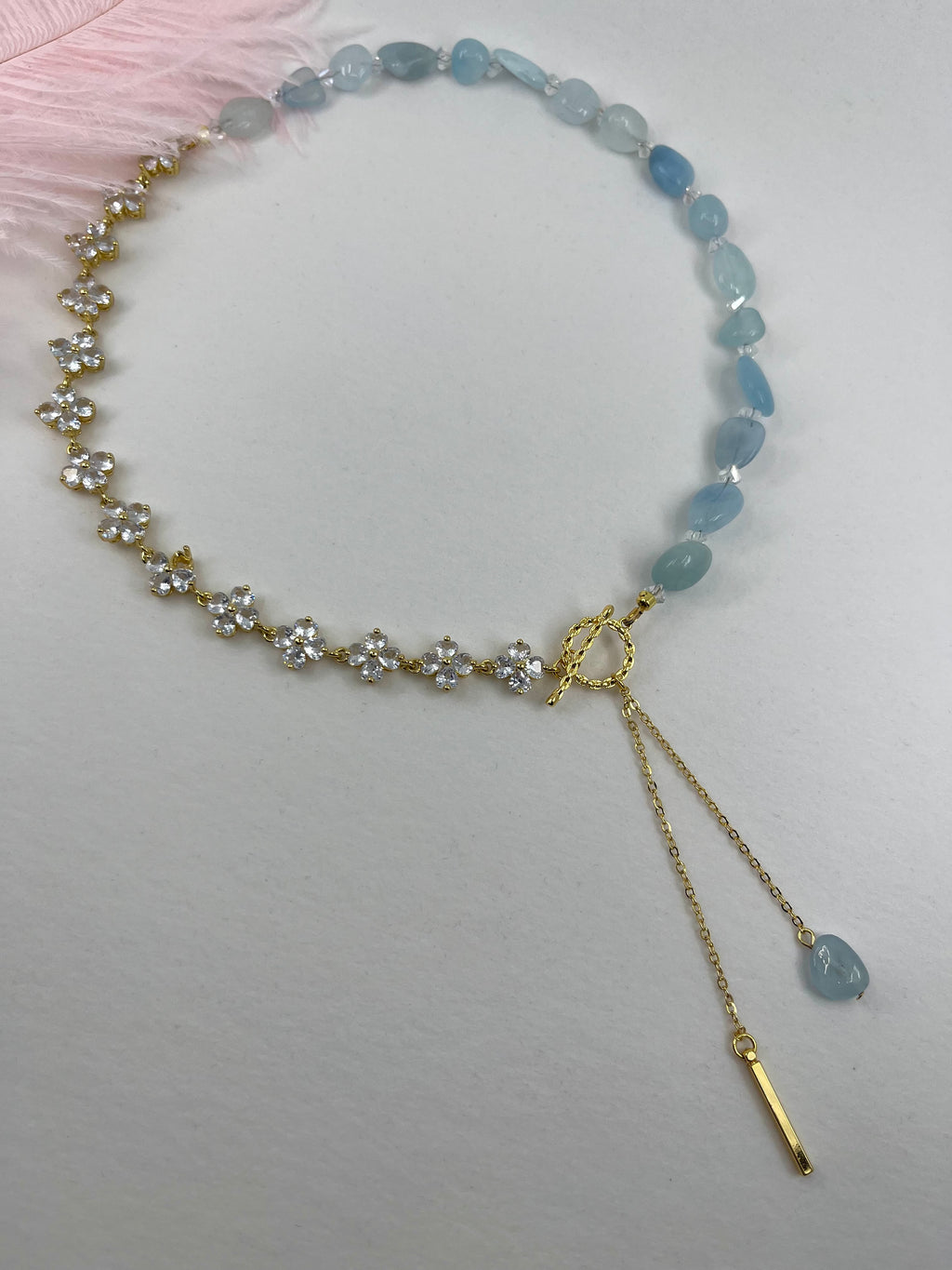 Asymmetrical Aquamarine Y-Necklace, zirconia chain, Bar pendant