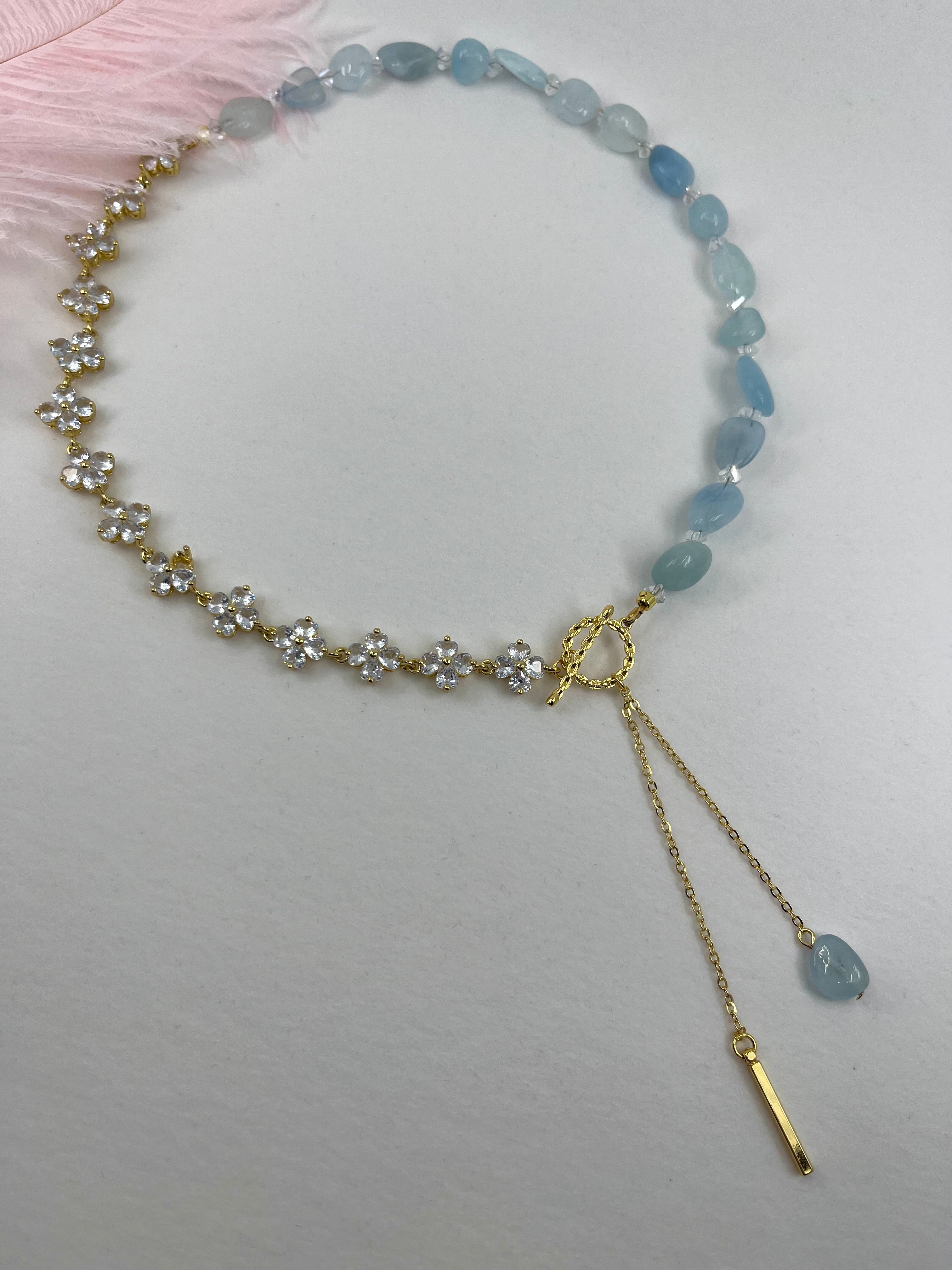 Asymmetrical Aquamarine Y-Necklace, zirconia chain, Bar pendant