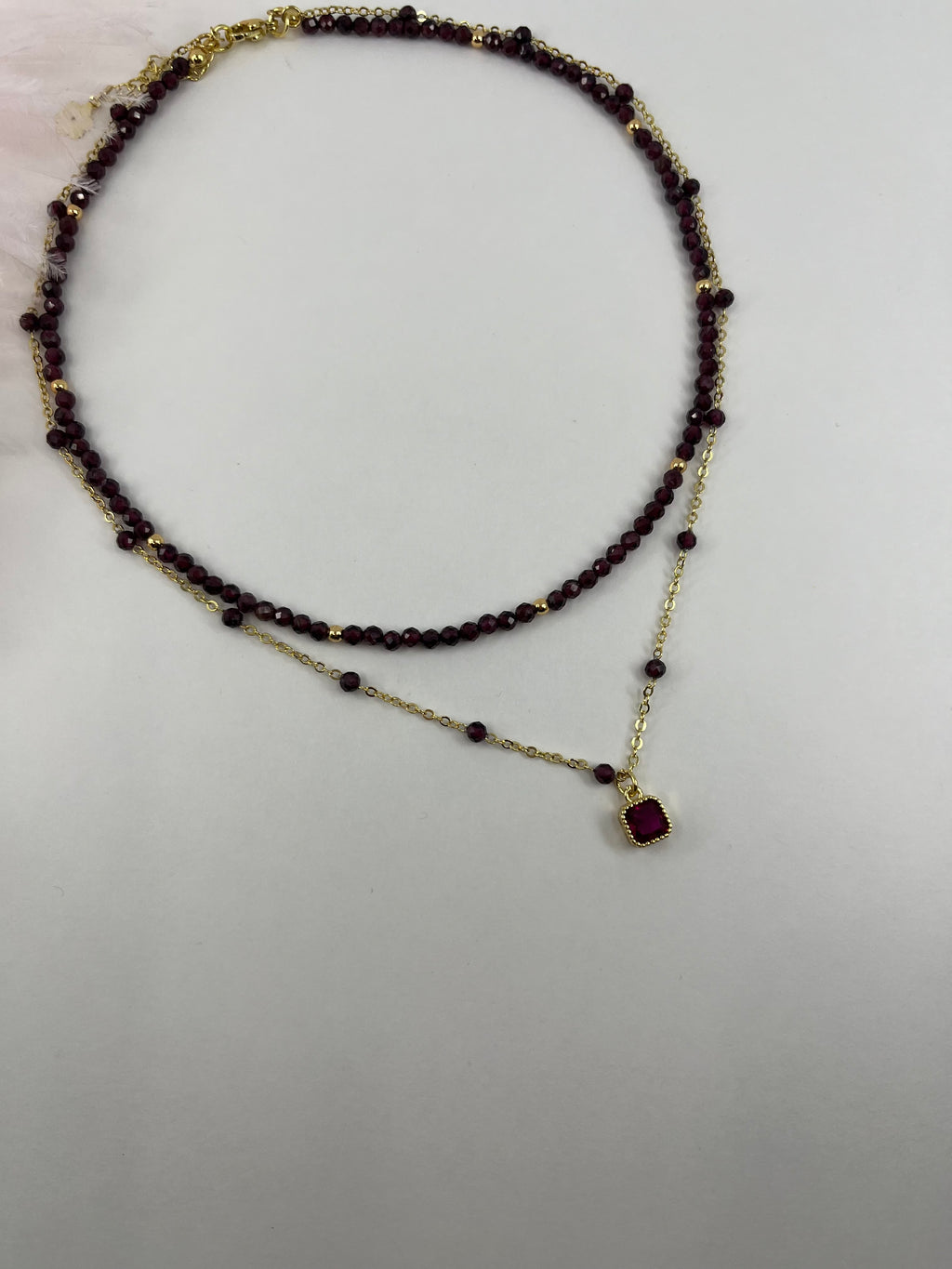 Layered Garnet necklace , 18K gold clasp
