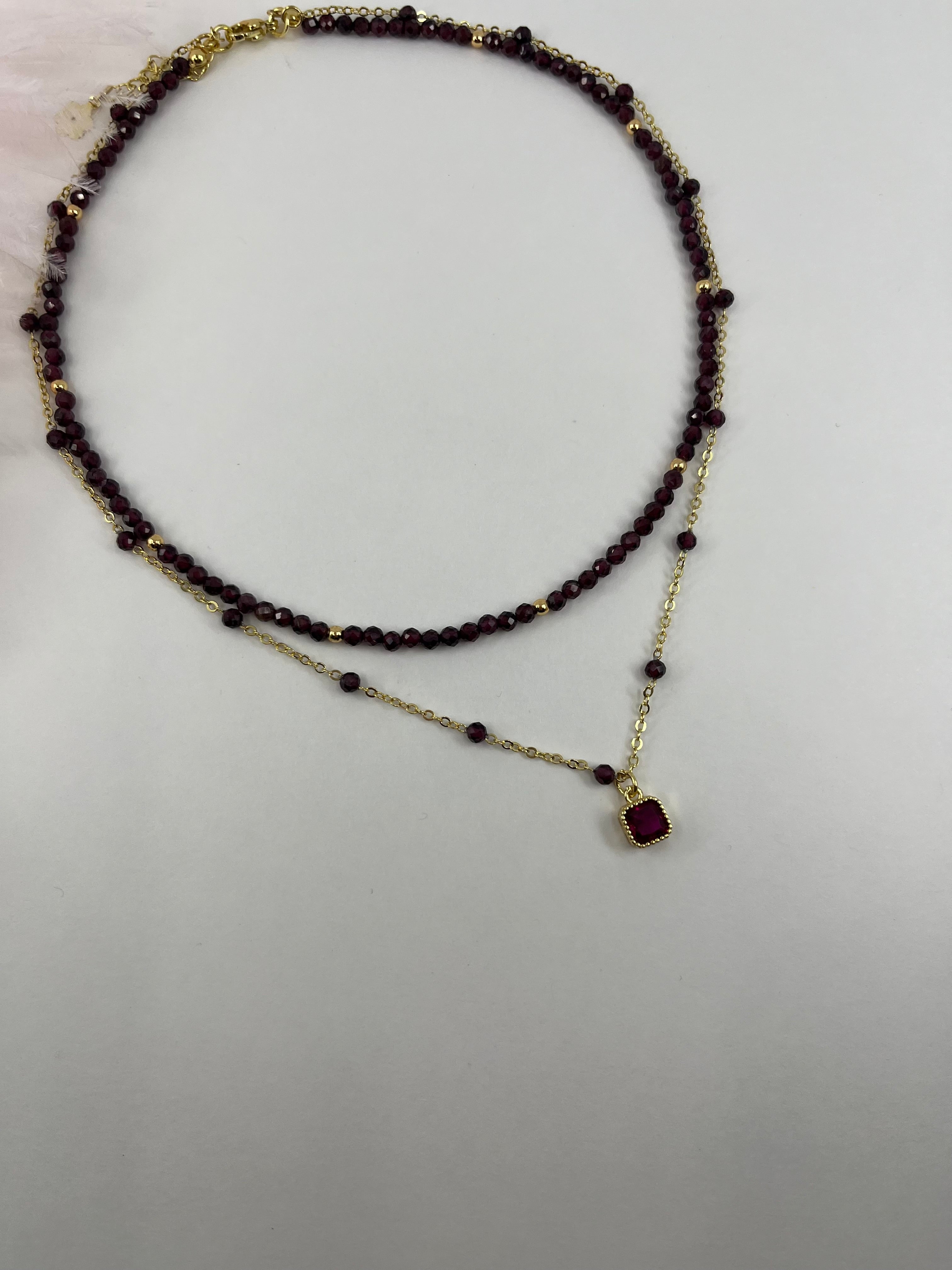 Layered Garnet necklace , 18K gold clasp