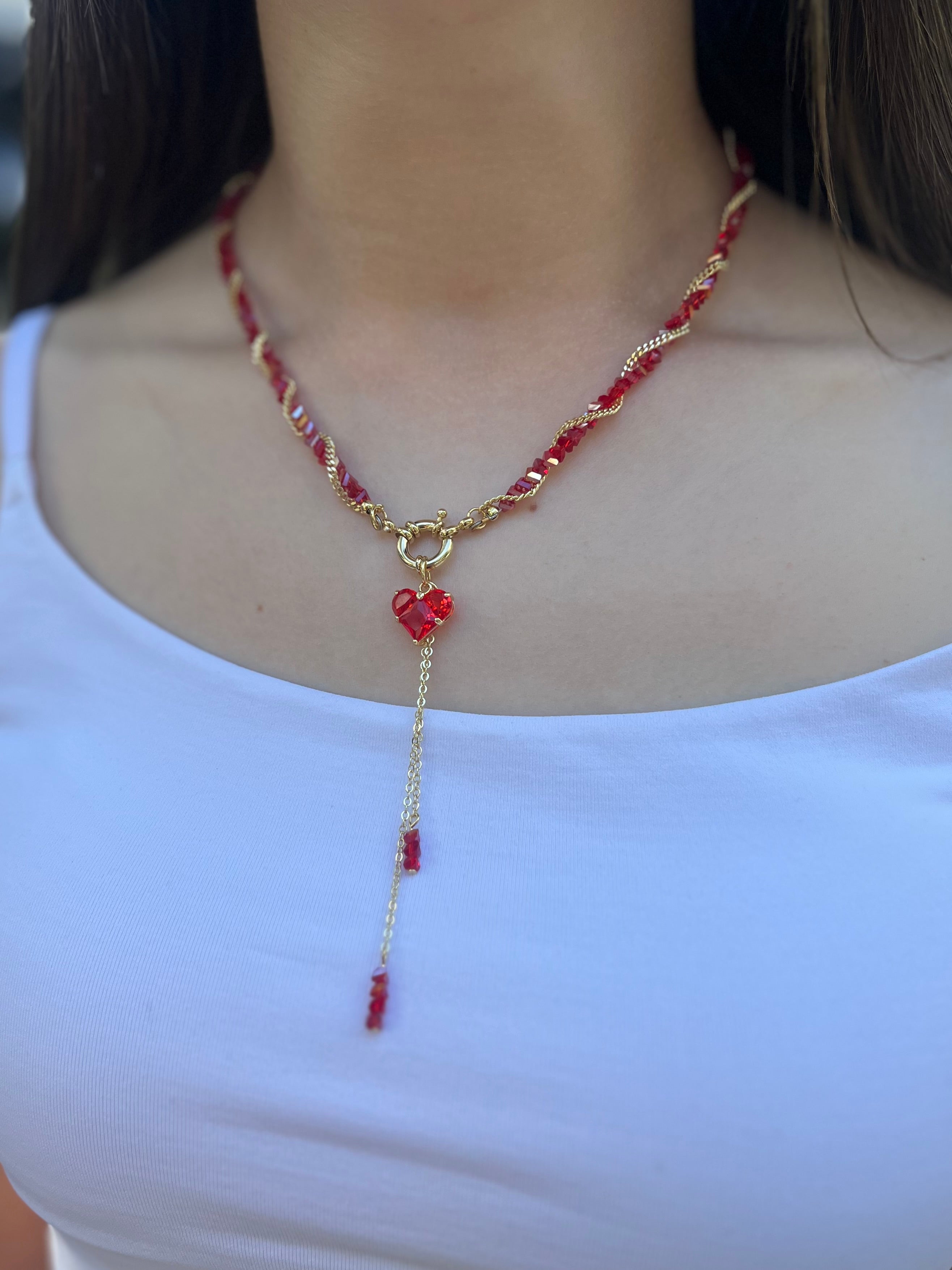 Set: Heart Red Crystal Y-Necklace and Earrings – 18K Gold Plated, Cubic Zirconia