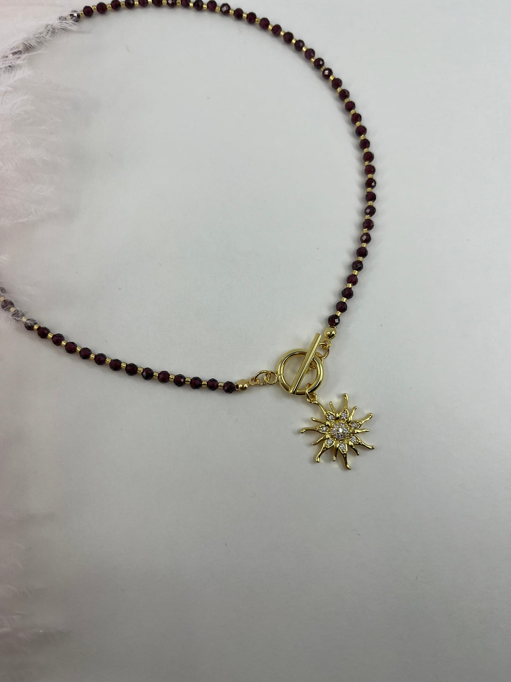 Garnet Sun necklace , 18K gold clasp