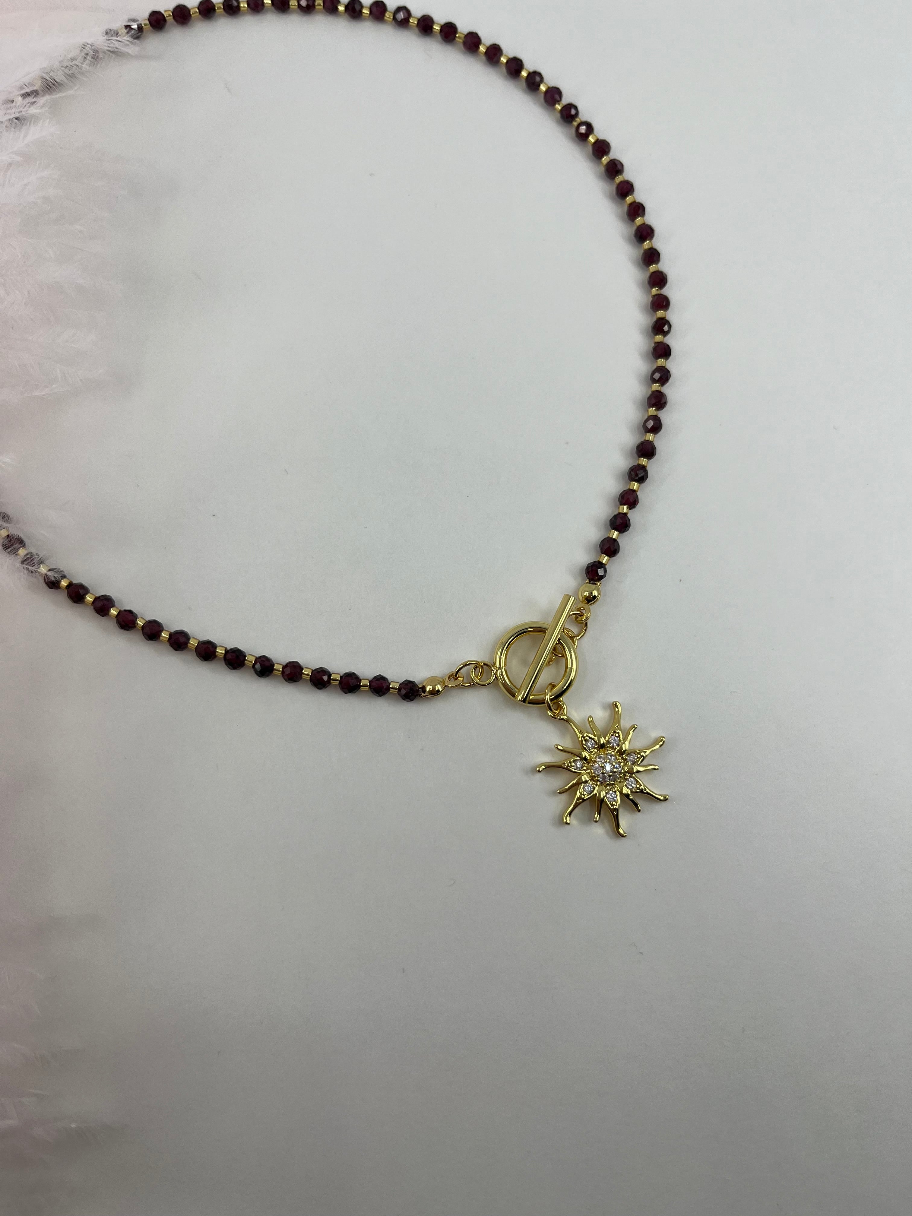 Garnet Sun necklace , 18K gold clasp