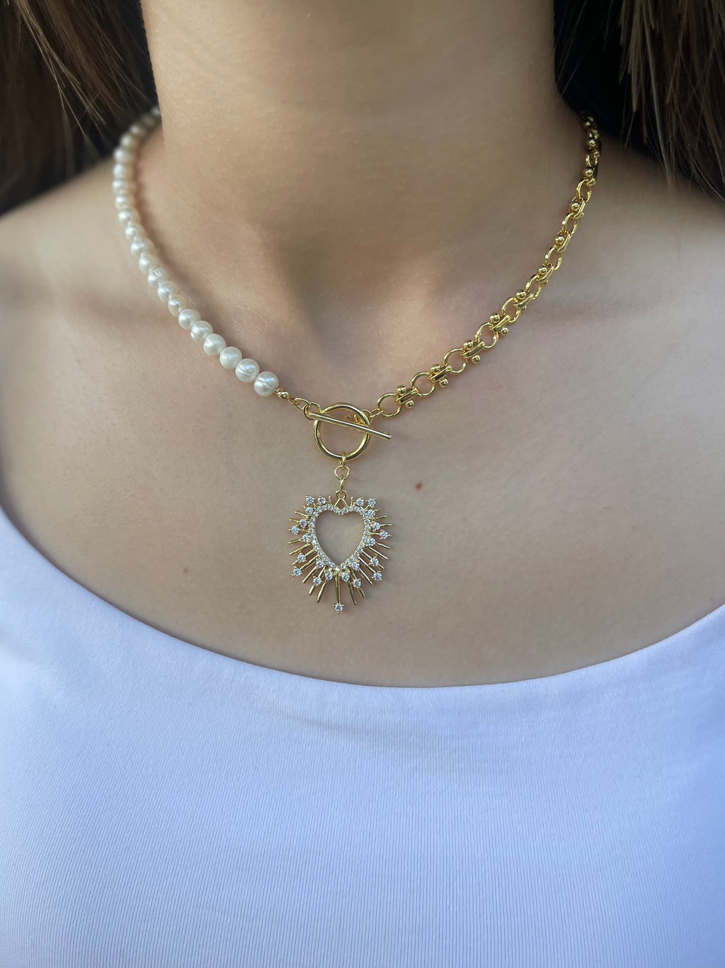 Asymmetrical Pearl Necklace with Heart Pendant, 18K Gold Plated Chain