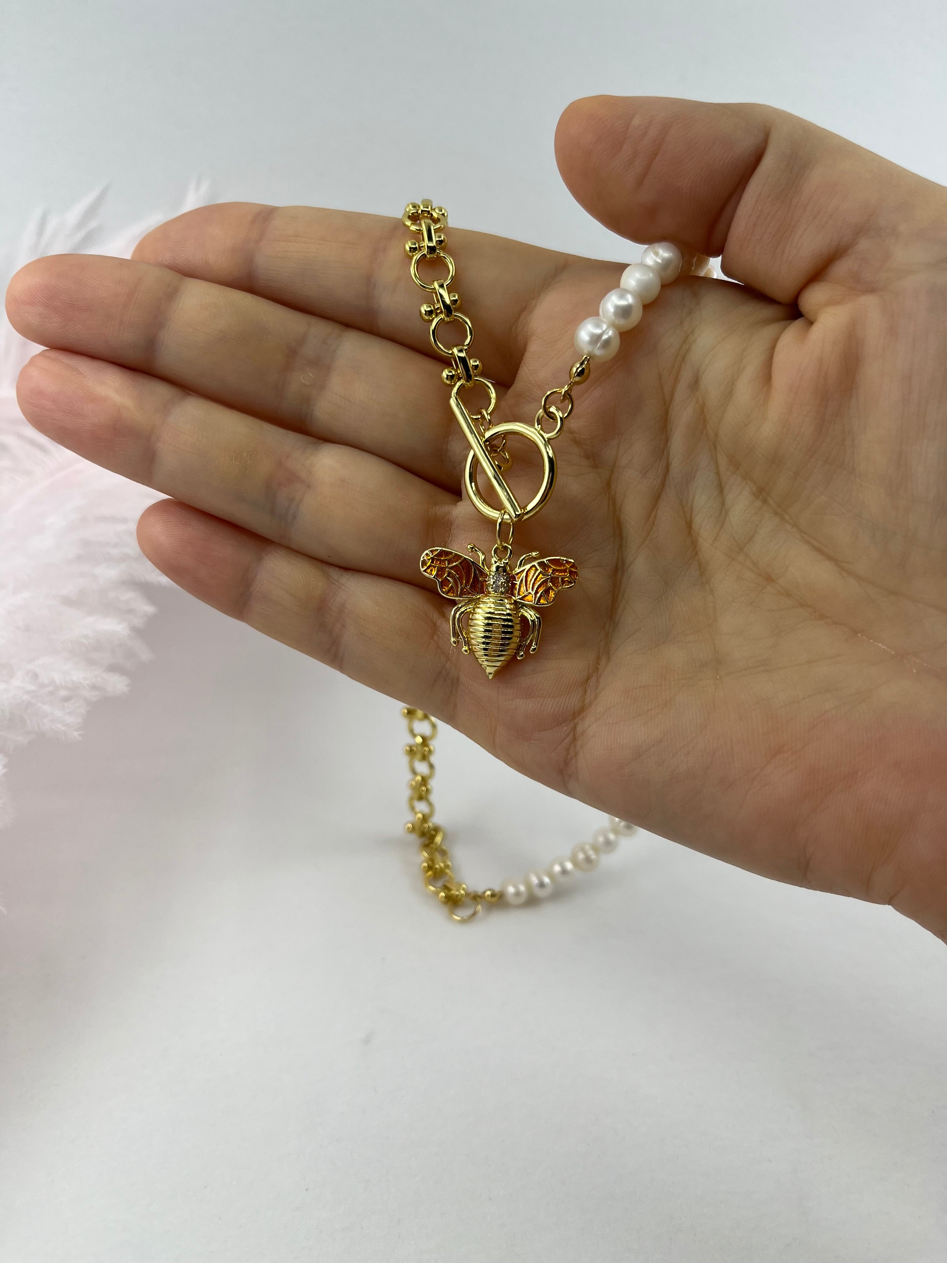 Asymmetrical Pearl Necklace with Bee Pendant, 18K Gold Plated Chain