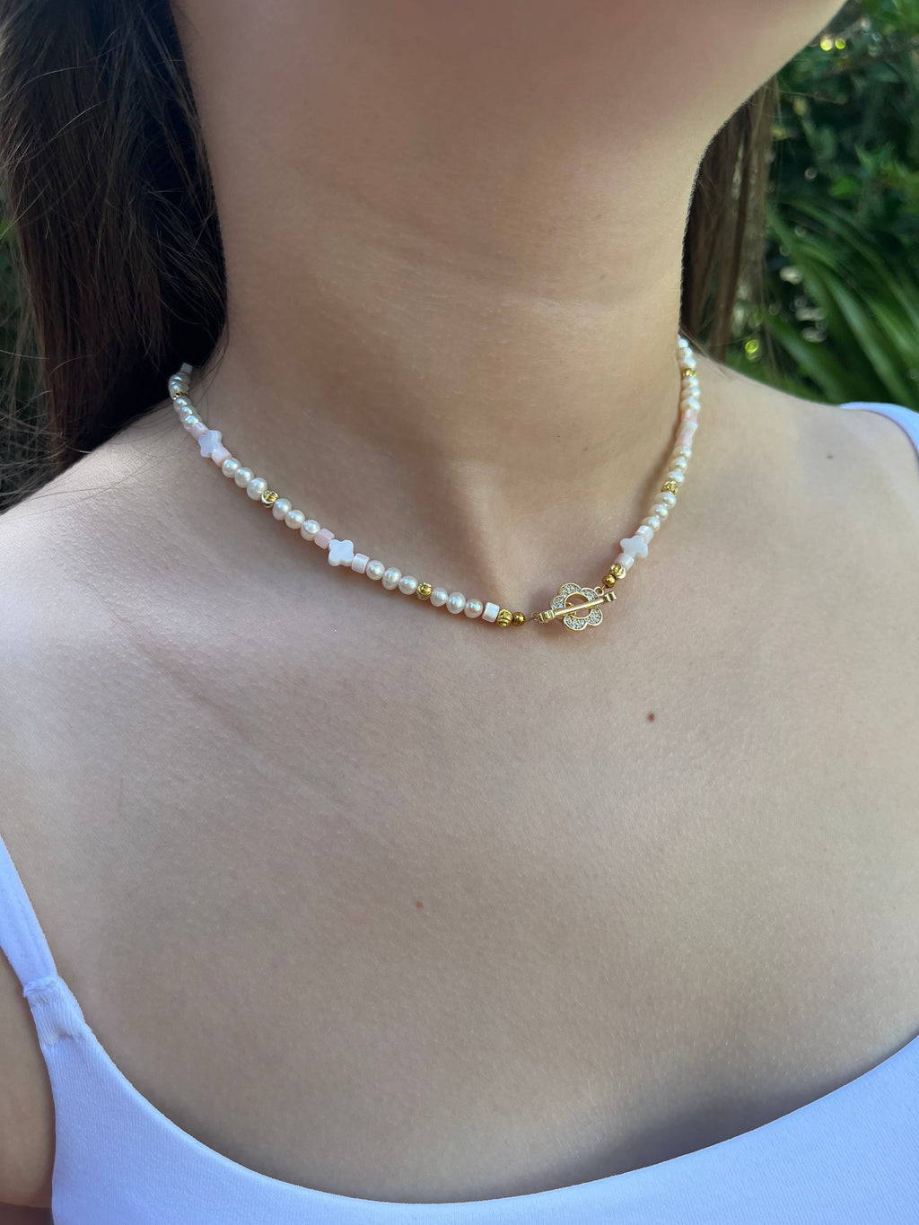 Freshwater Pearl & Shell Necklace with 18K Gold Plated Flower Toggle