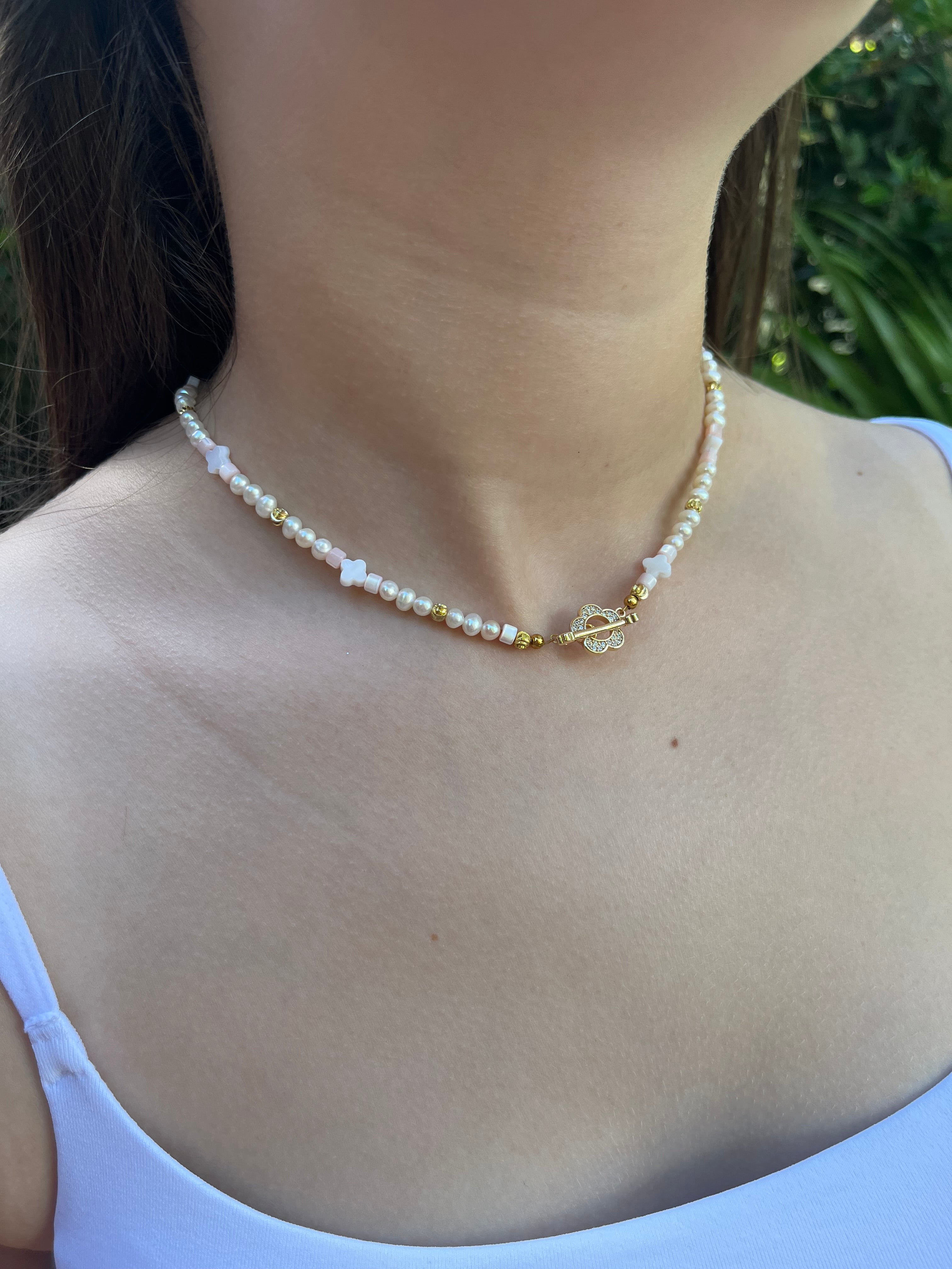 Freshwater Pearl & Shell Necklace with 18K Gold Plated Flower Toggle