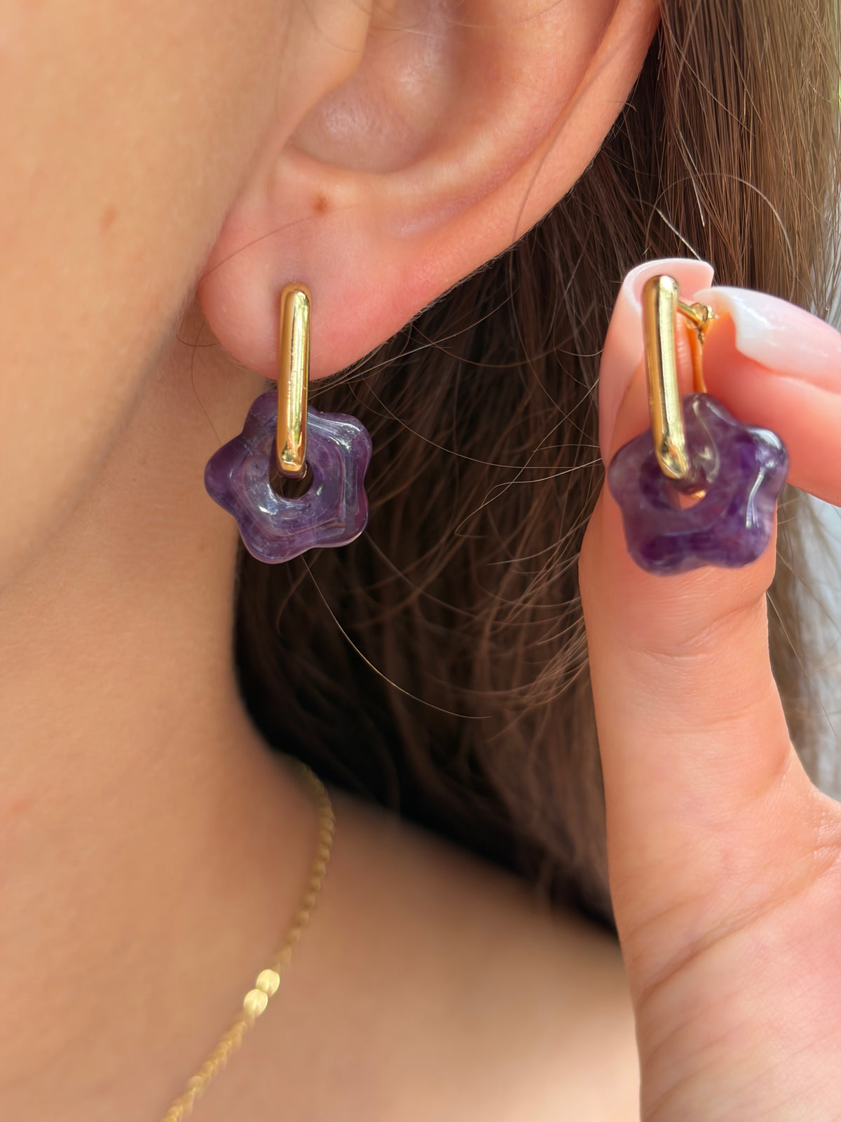 Amethyst flower Earrings, 18K Gold Plated