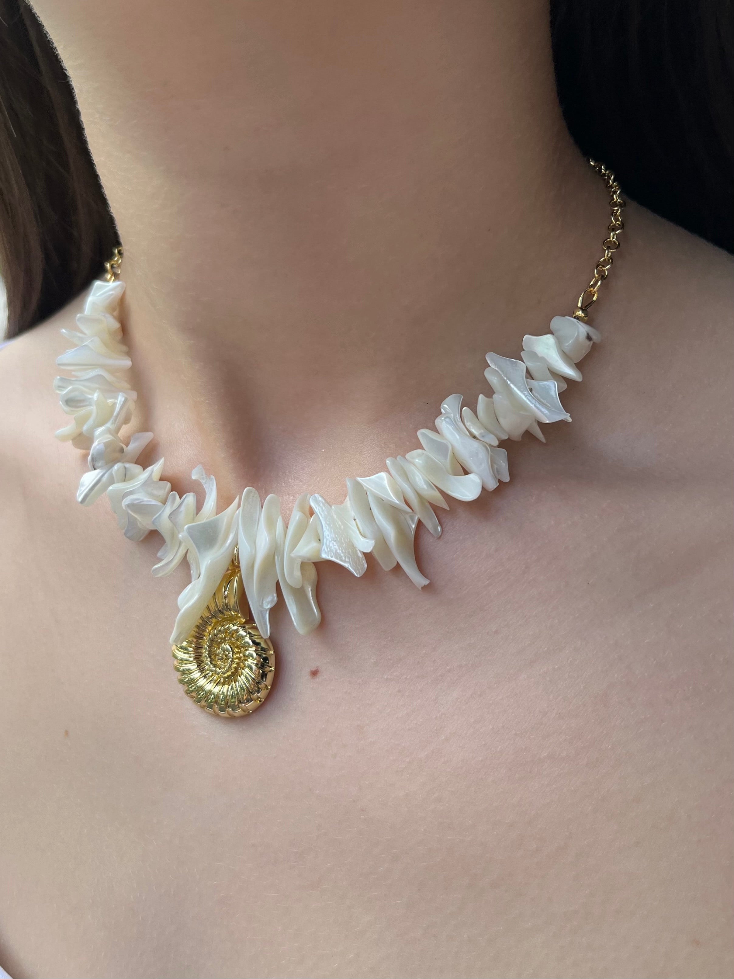 Natural Trochid Shell Necklace with Conch Charm, 18K Gold Plated