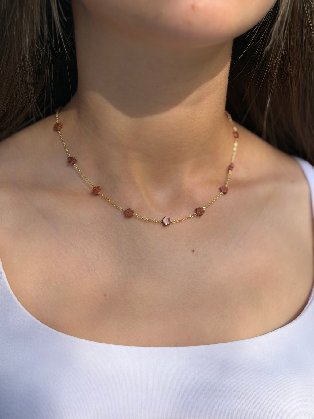 Red Sandstone Flower Necklace: 18K Gold Plated