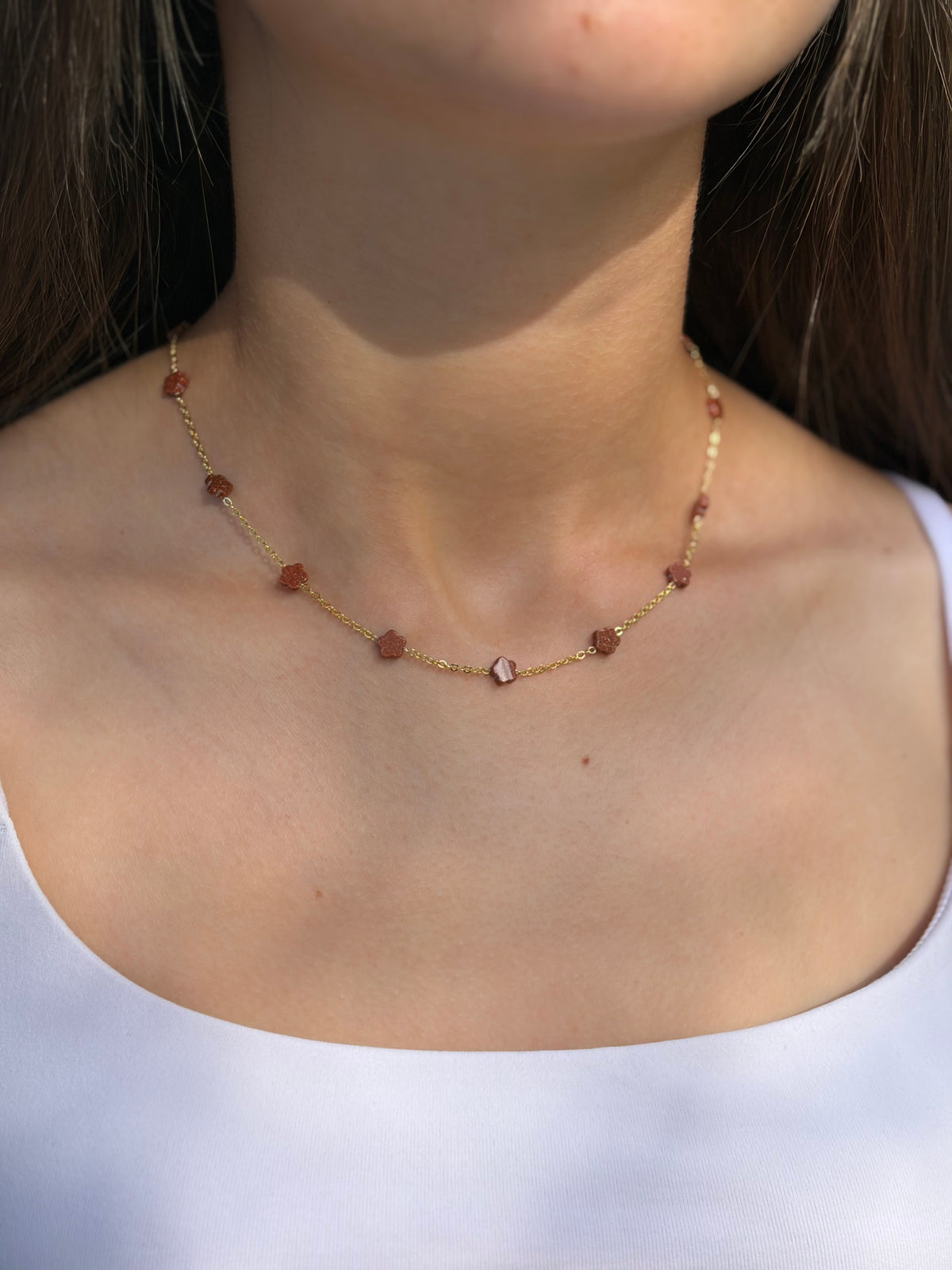 Red Sandstone Flower Necklace: 18K Gold Plated