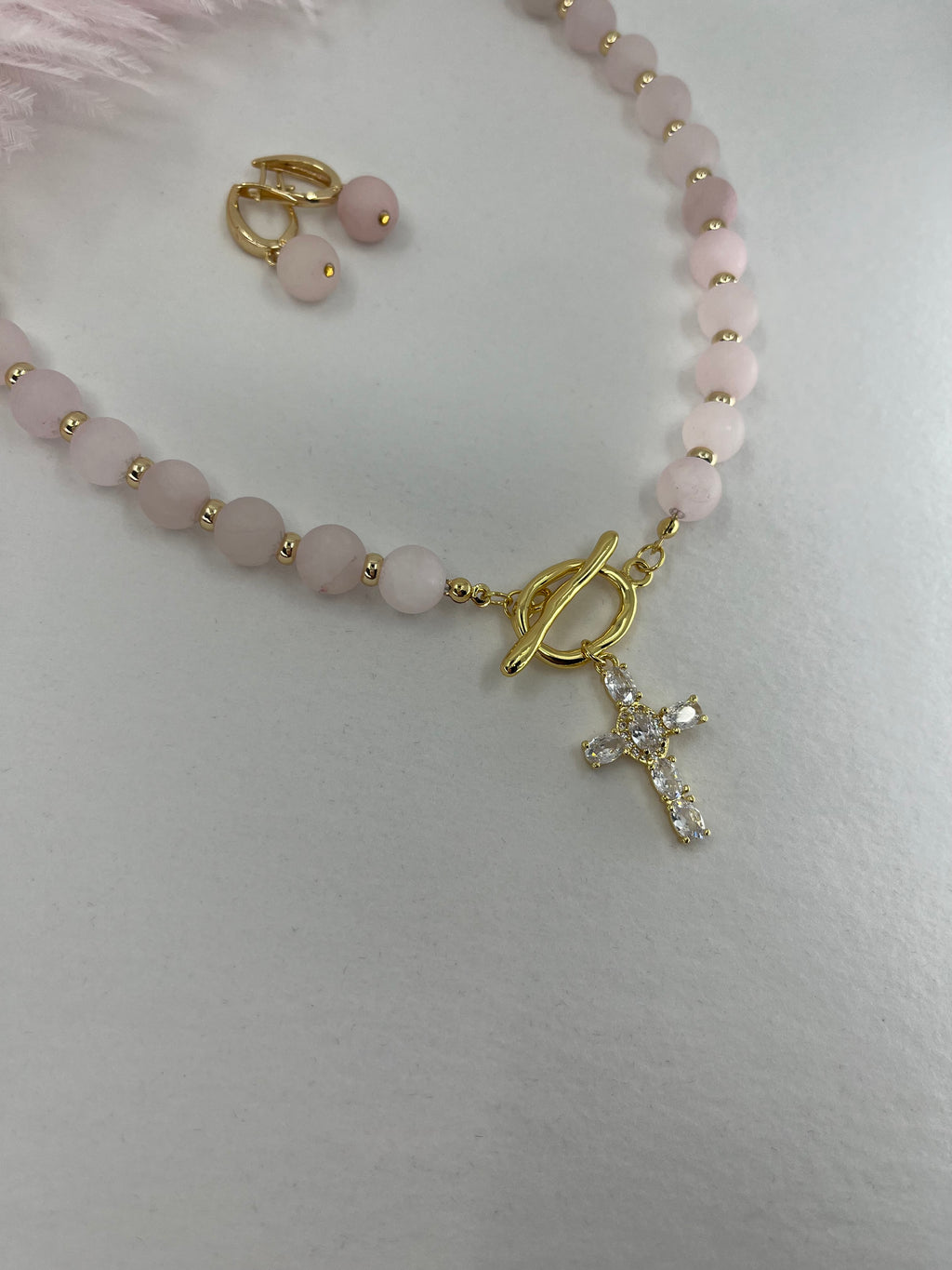 Set: Rose Quartz Cross Necklace and Earrings, 18k gold plated