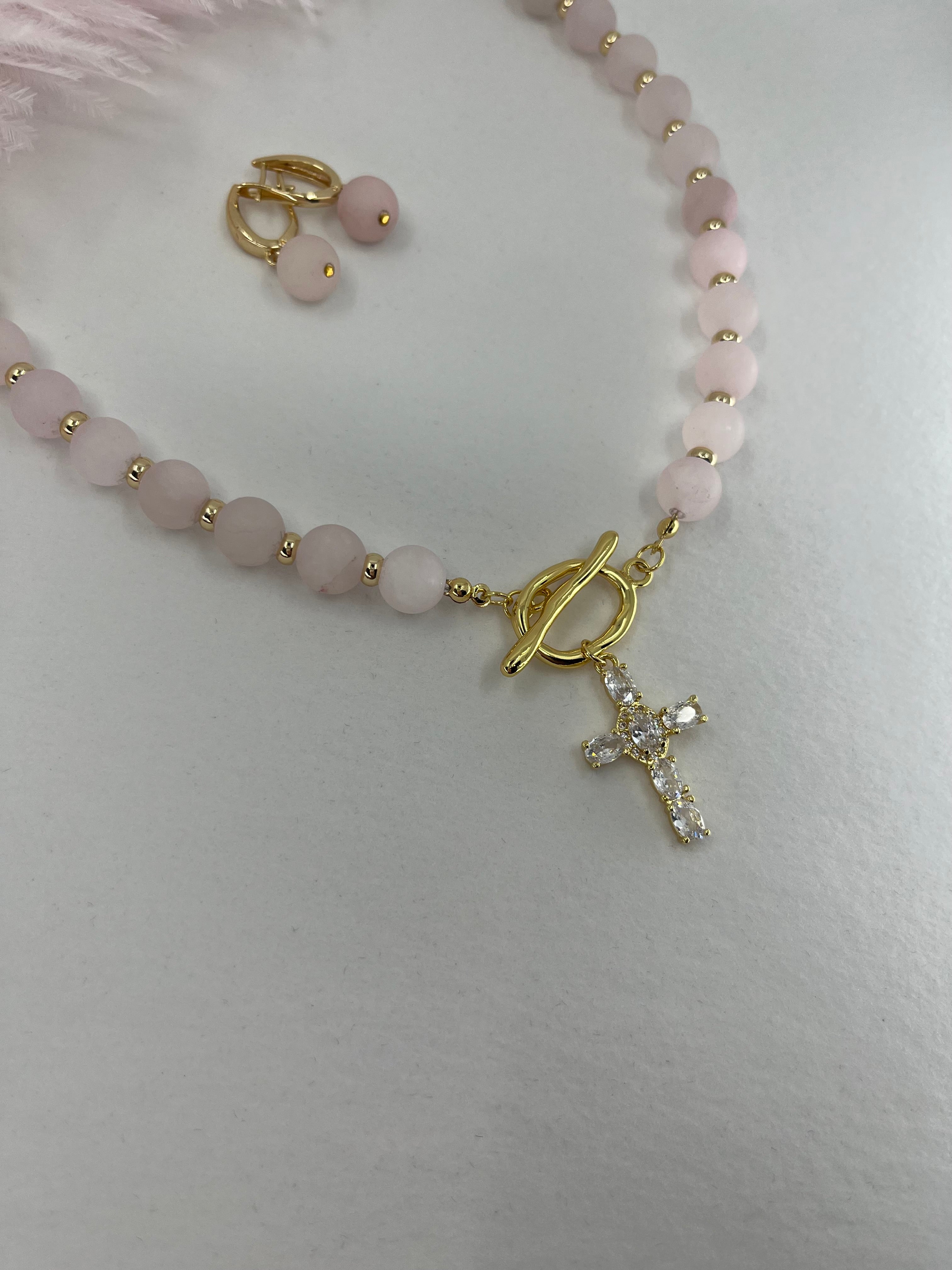 Set: Rose Quartz Cross Necklace and Earrings, 18k gold plated