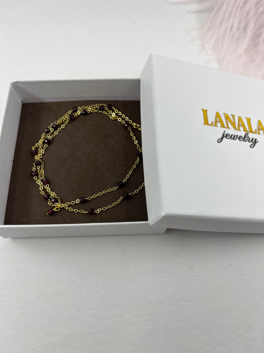 Lariat Garnet necklace , 18K gold plated