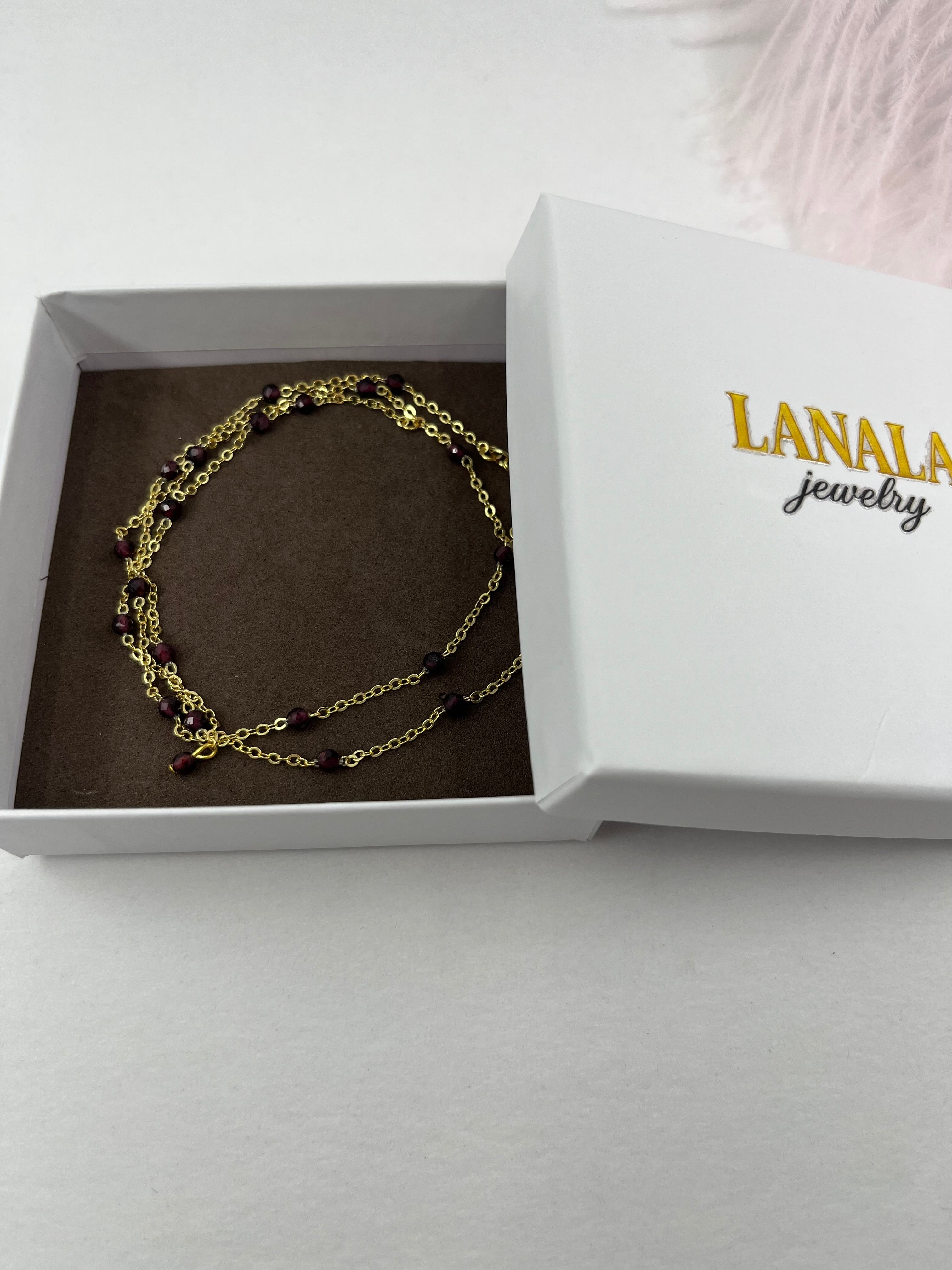 Lariat Garnet necklace , 18K gold plated