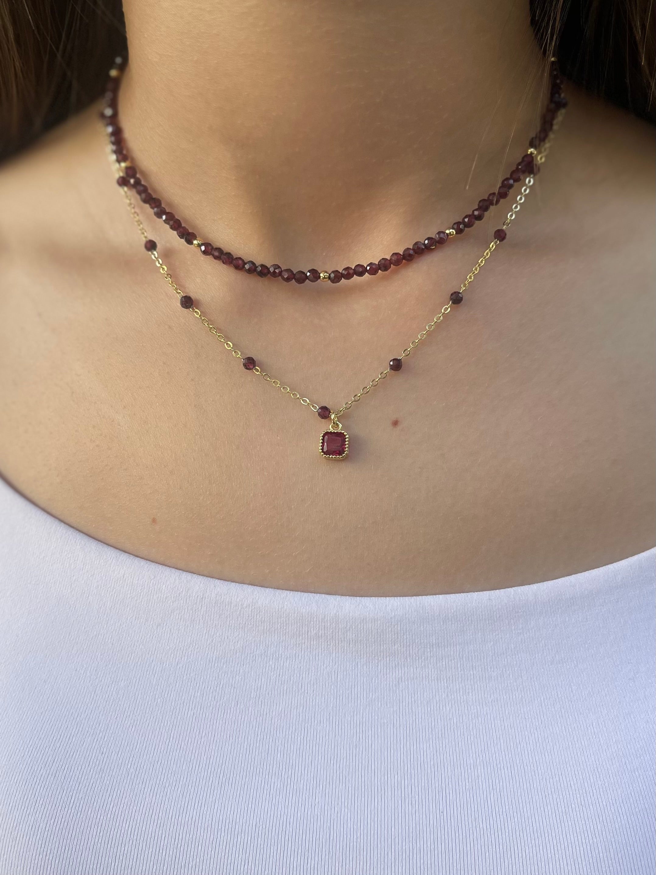 Layered Garnet necklace , 18K gold clasp