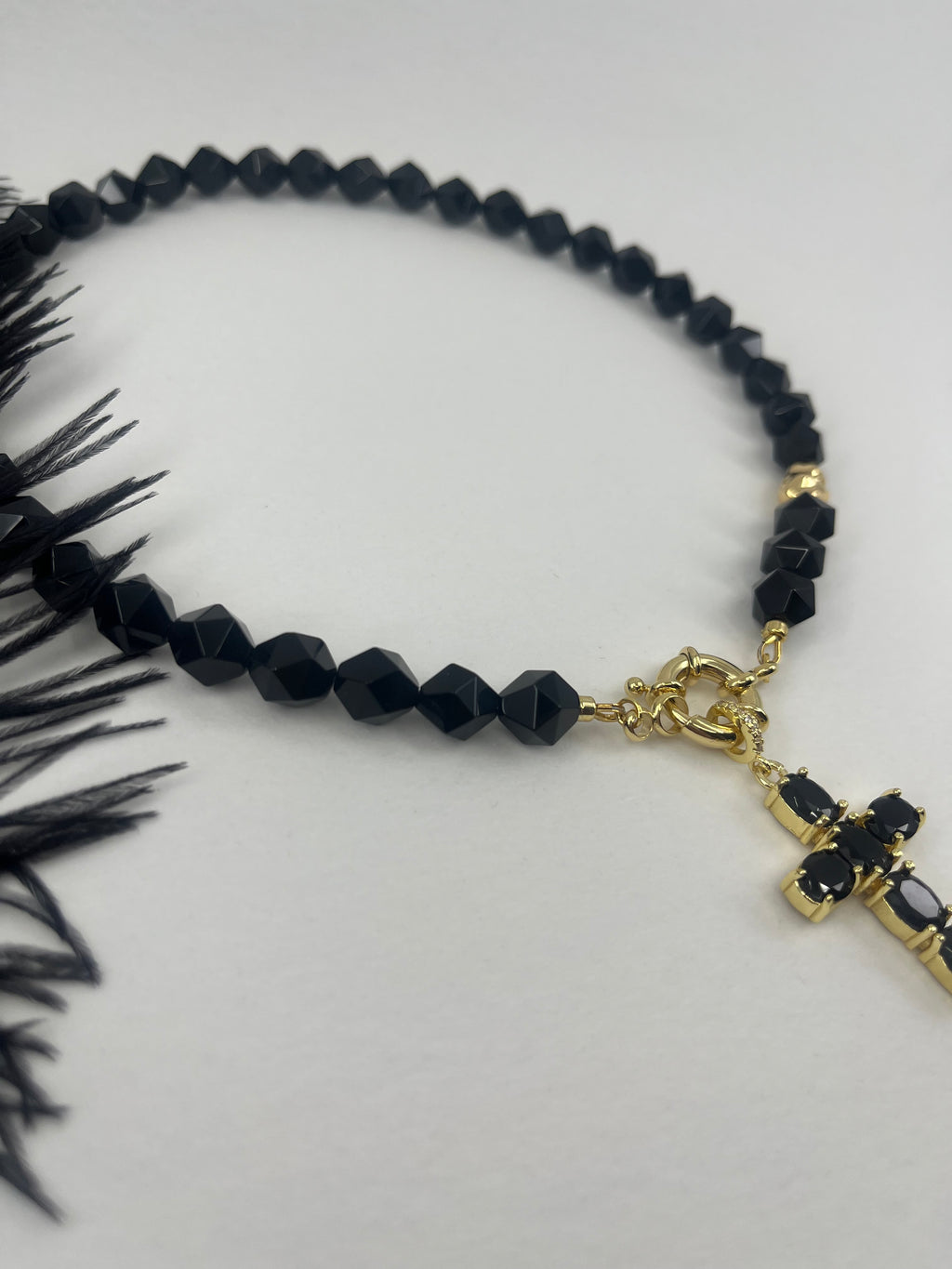 Natural Black Onyx Necklace with Gold Zirconia Cross