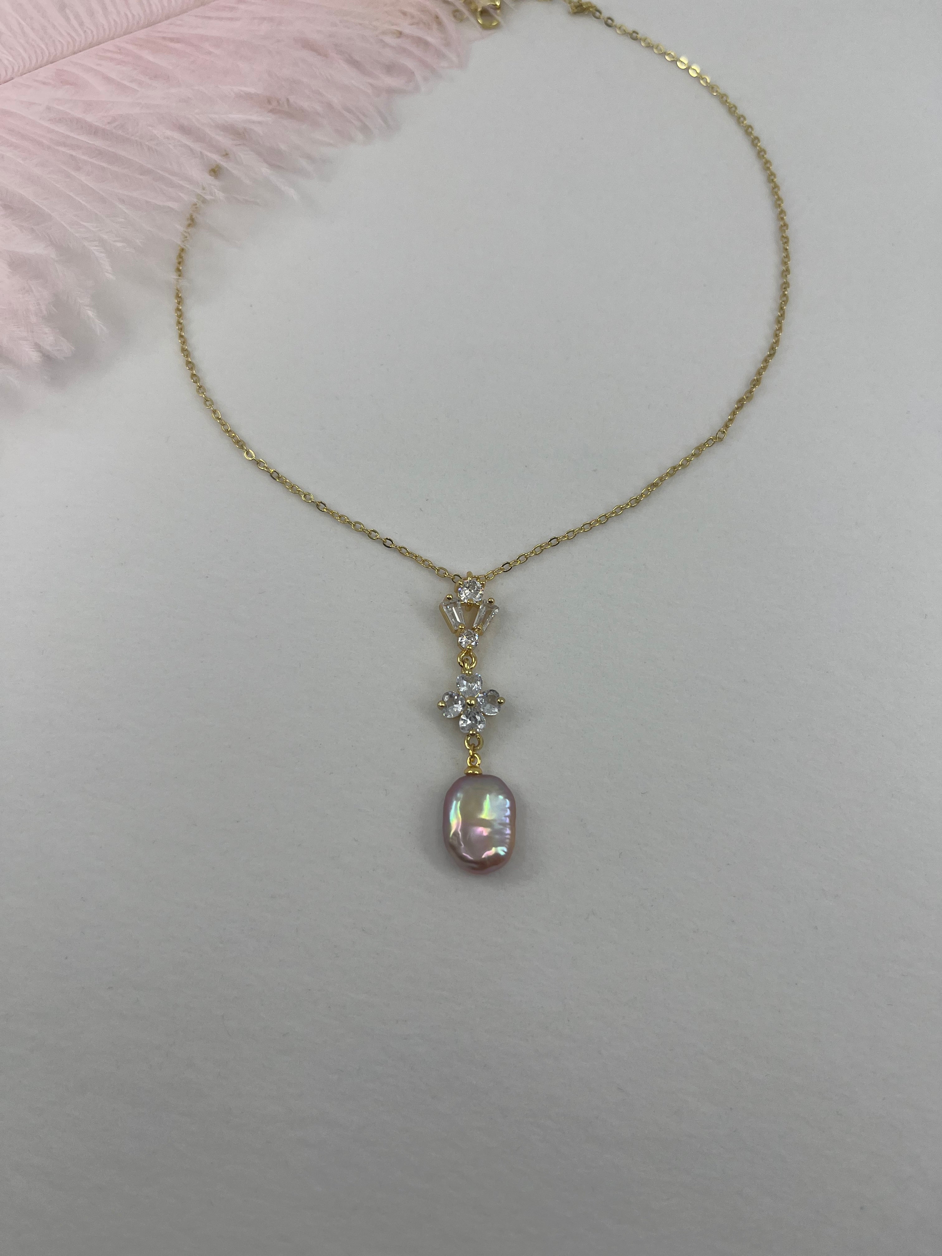 Baroque Pearl and zirconia Y-Necklace, 18k gold plated