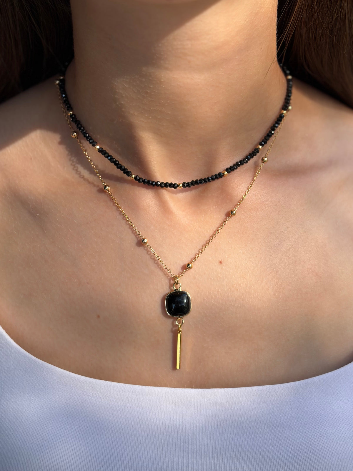 Layered Spinel necklace with onyx pendant