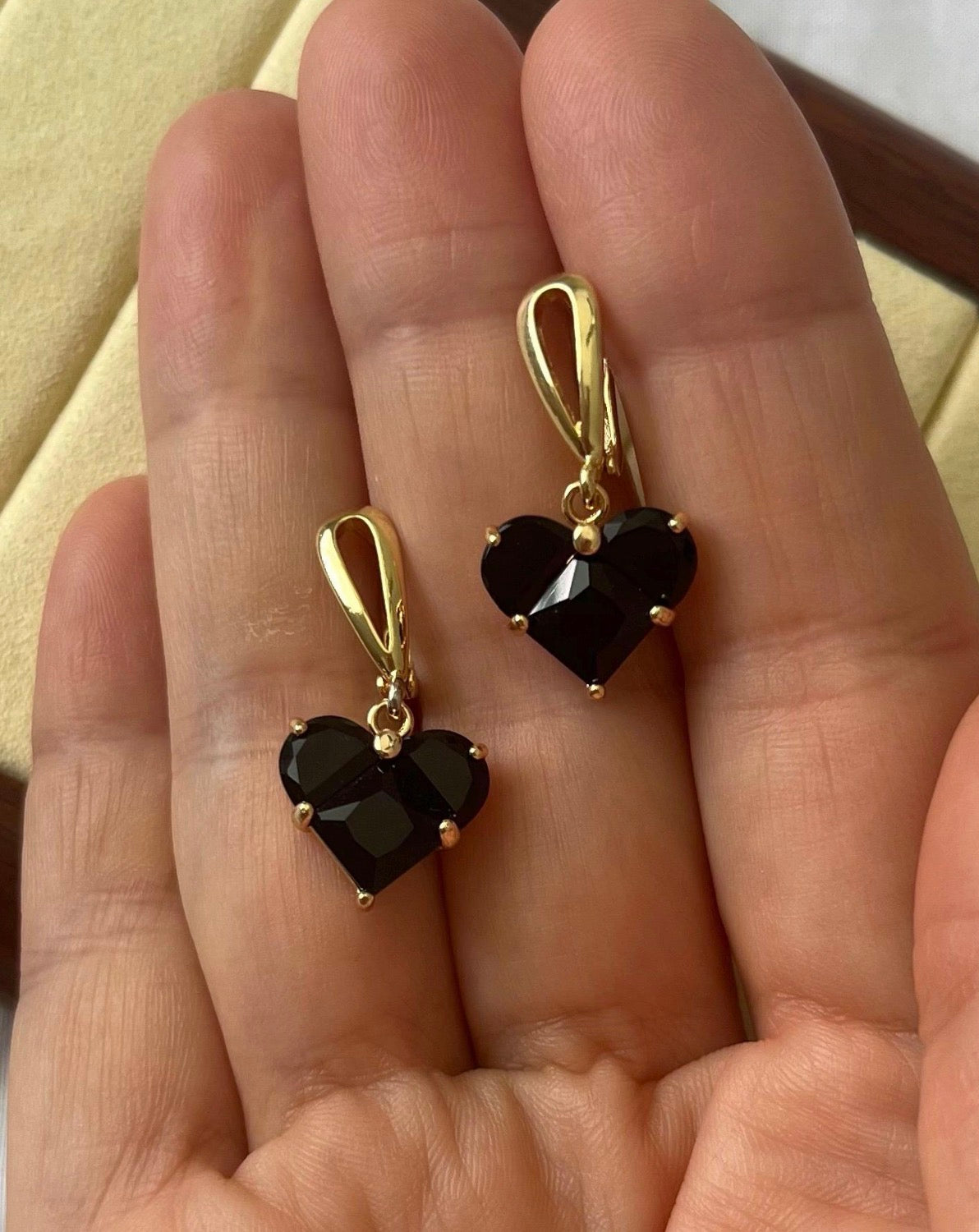 Layered Heart Black Crystal Necklace – 18K Gold Plated