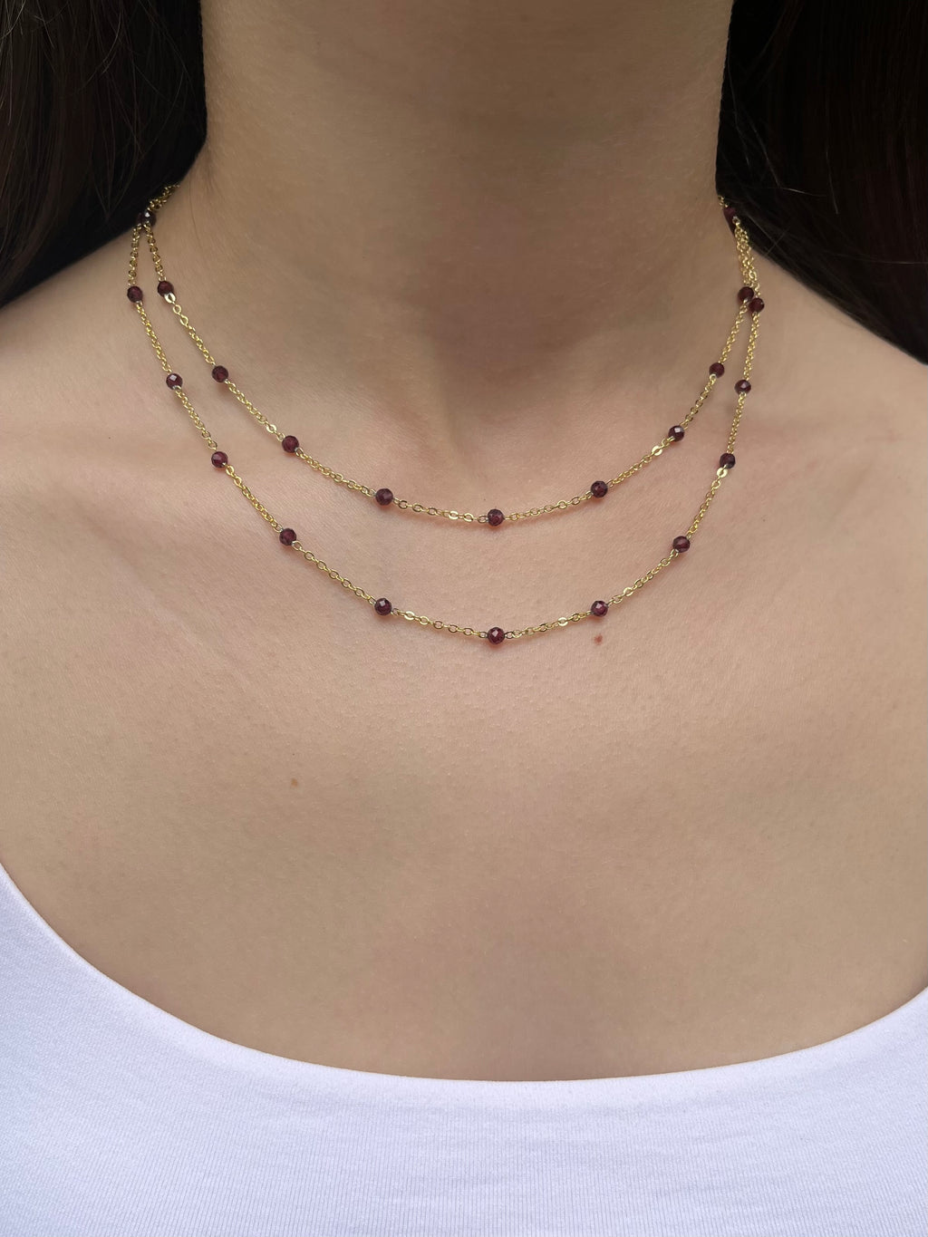 Layered Garnet necklace , 18K gold clasp