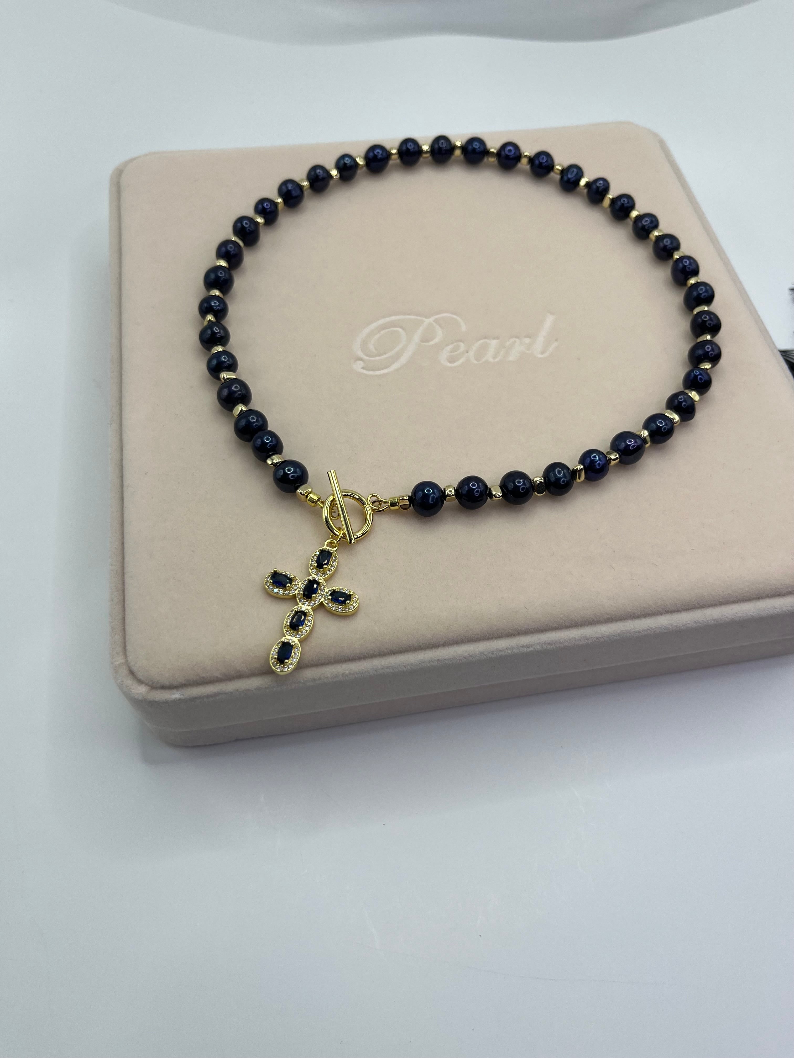 Blue Pearl Choker Necklace with Cross pendant: 18K Gold Plated