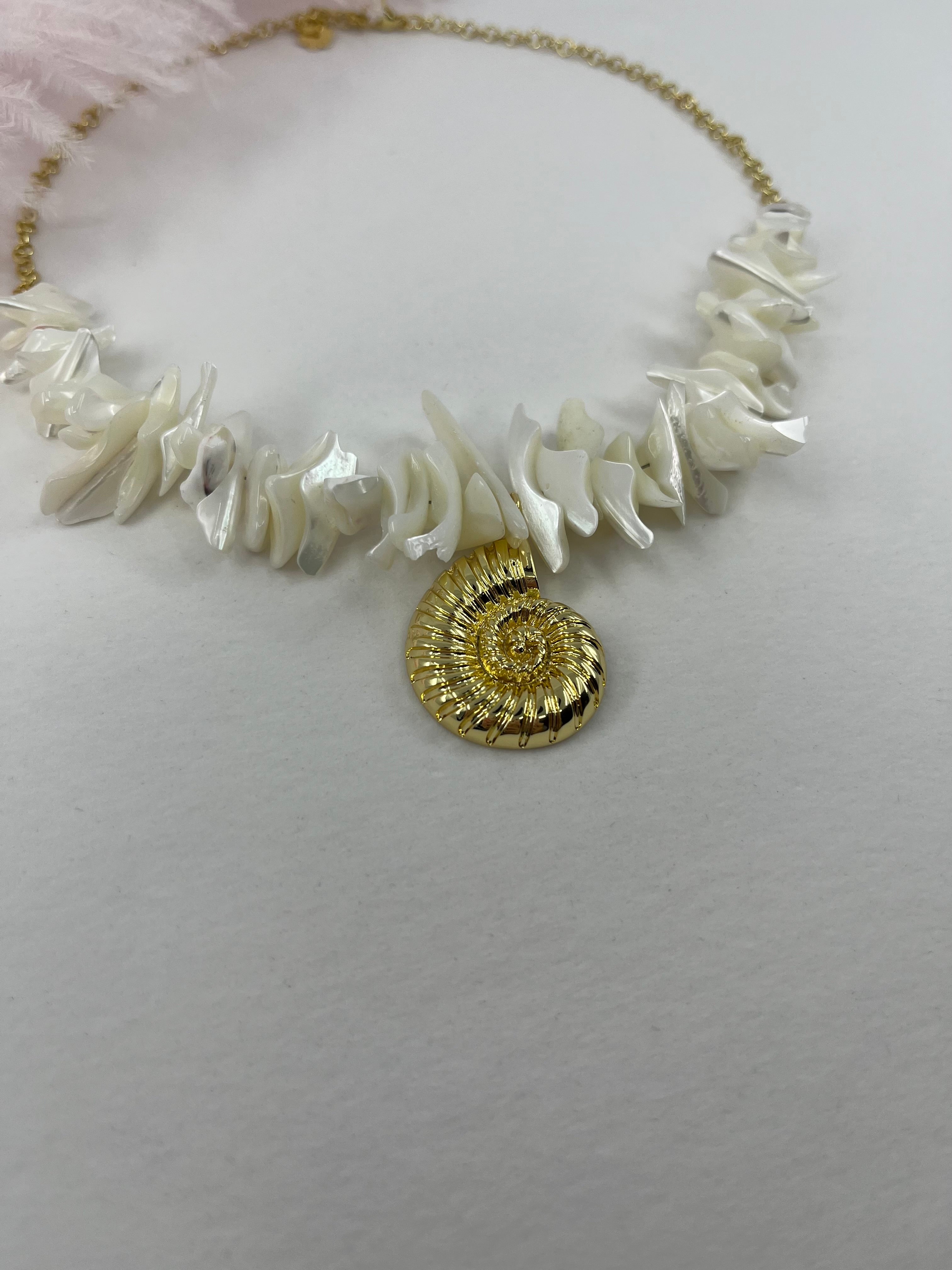 Natural Trochid Shell Necklace with Conch Charm, 18K Gold Plated