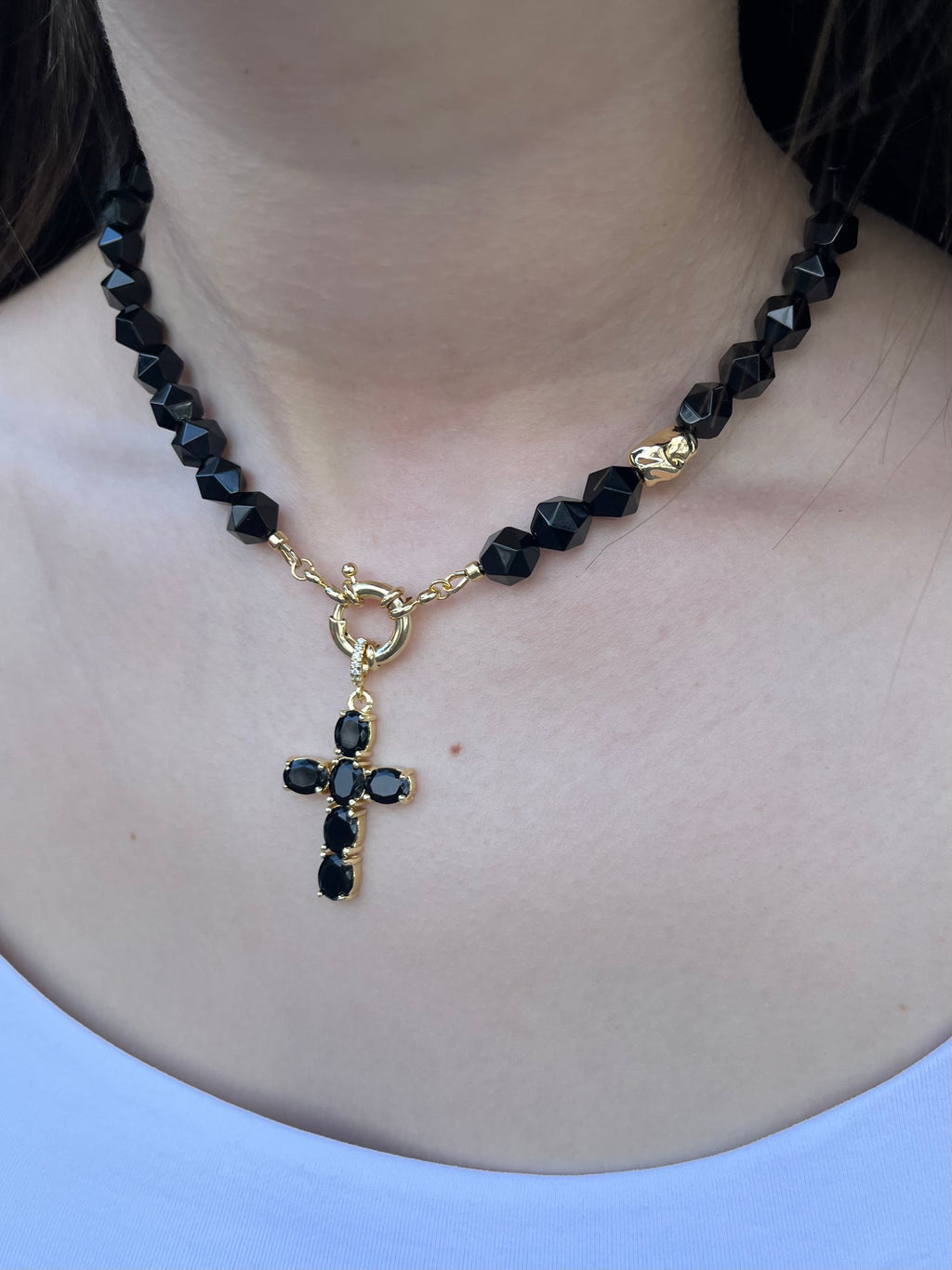 Natural Black Onyx Necklace with Gold Zirconia Cross
